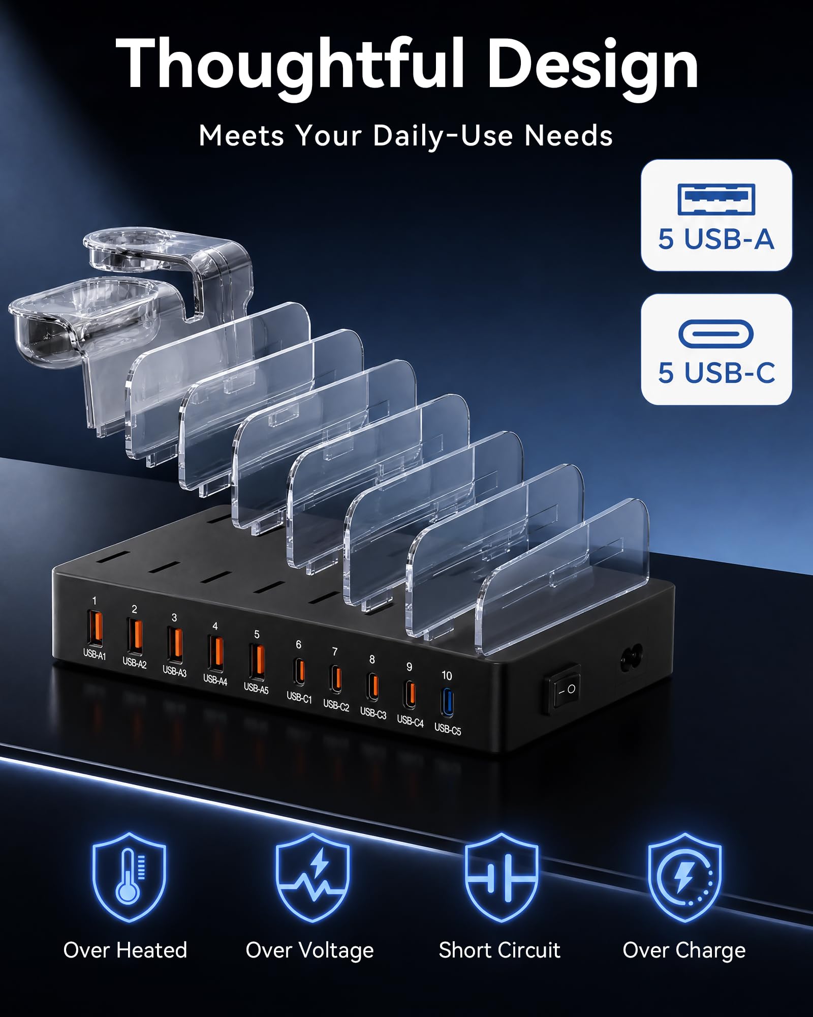 Station de Charge USB C à 10 Ports 140 W pour Plusieurs appareils