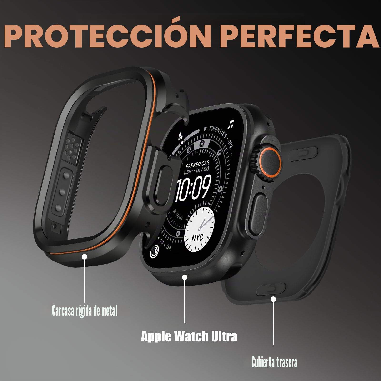 Funda Metal Resistente Compatible con Apple Watch Ultra 3/2/1 49 mm, Funda Protectora de Metal con Cubierta Trasera para iWatch 49mm, Negro/Naranja
