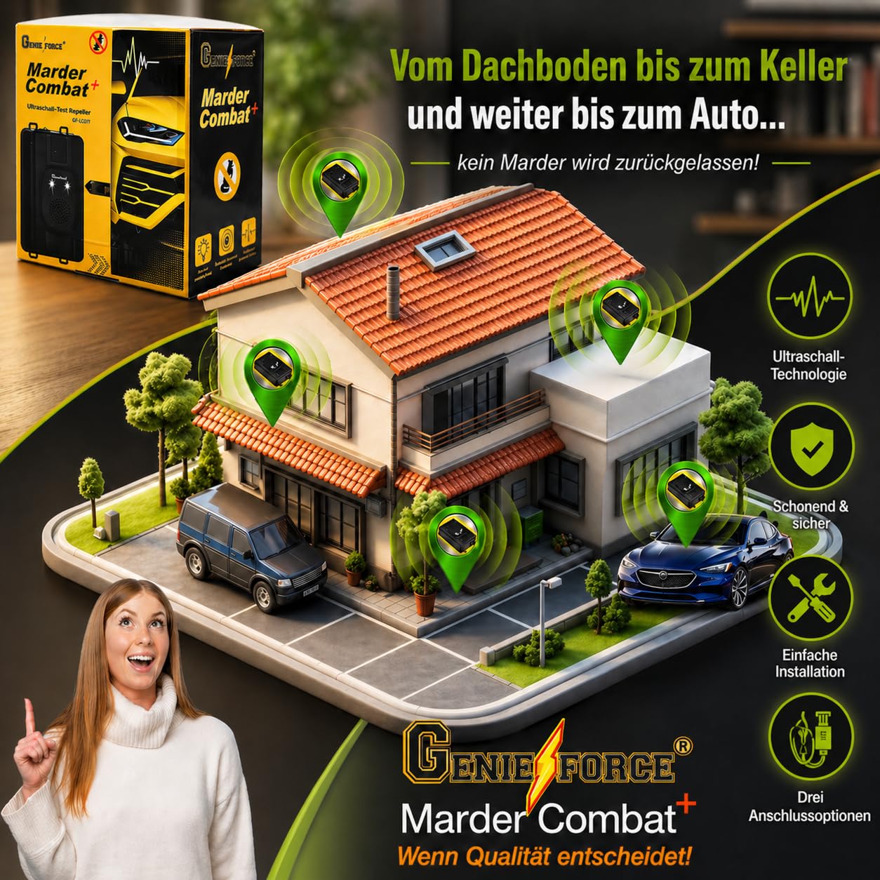 2 x Genieforce® Marder Combat+ Marderschutz, Marderschreck Ultraschall, Marderabwehr, Mäuseabwehr für Autos, Haus, und Garten, Anschluss an 12V Autobatterie, USB oder Batteriebetrieb - GF-JC-77