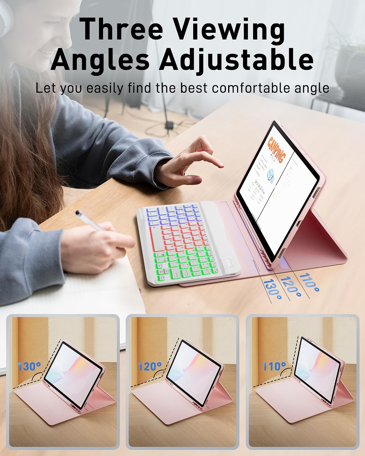 SAMTUNK for Amazon Fire HD 10/10 Plus Case with Keyboard (11th/13th Generation, 10.1 inch) - Rainbow Backlit Keyboard Case - Built in Pencil Holder with Mouse - Pink