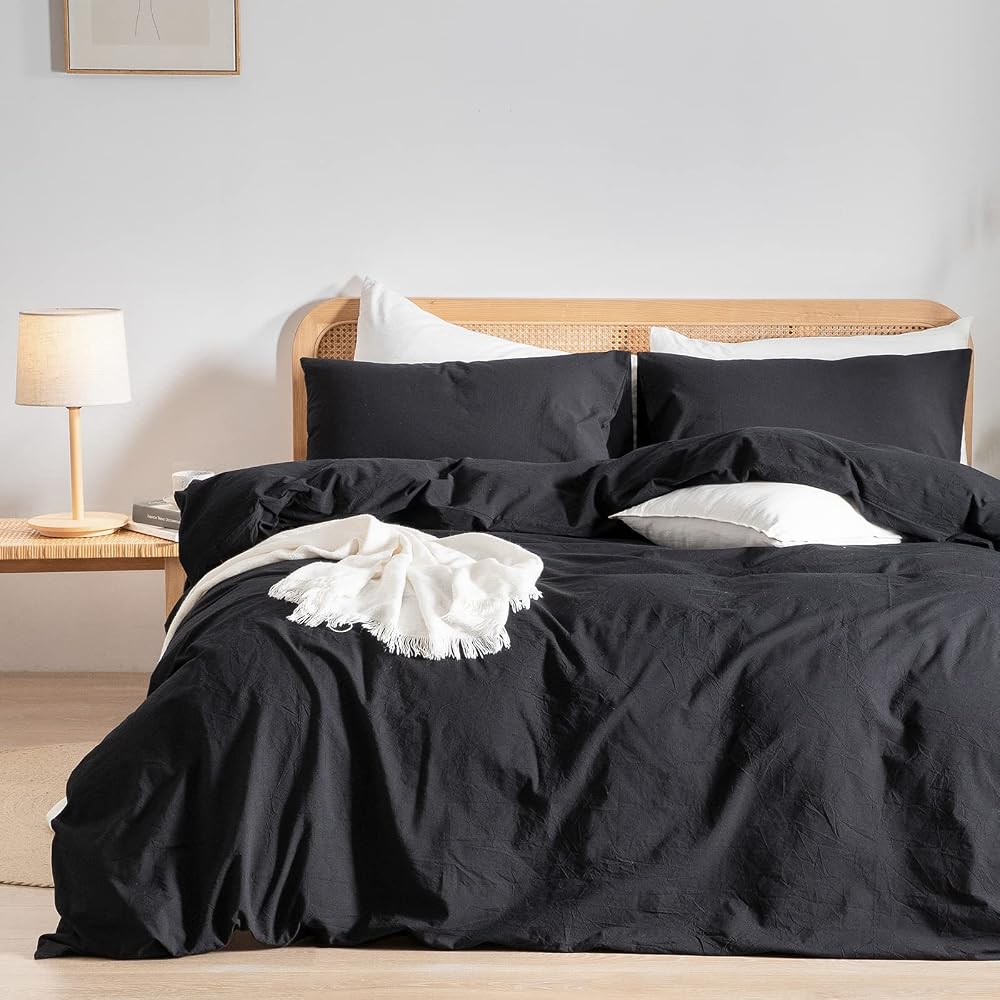 BESTOUCH Cotton Solid Duvet Cover Set Linen Feel Deep Black Queen