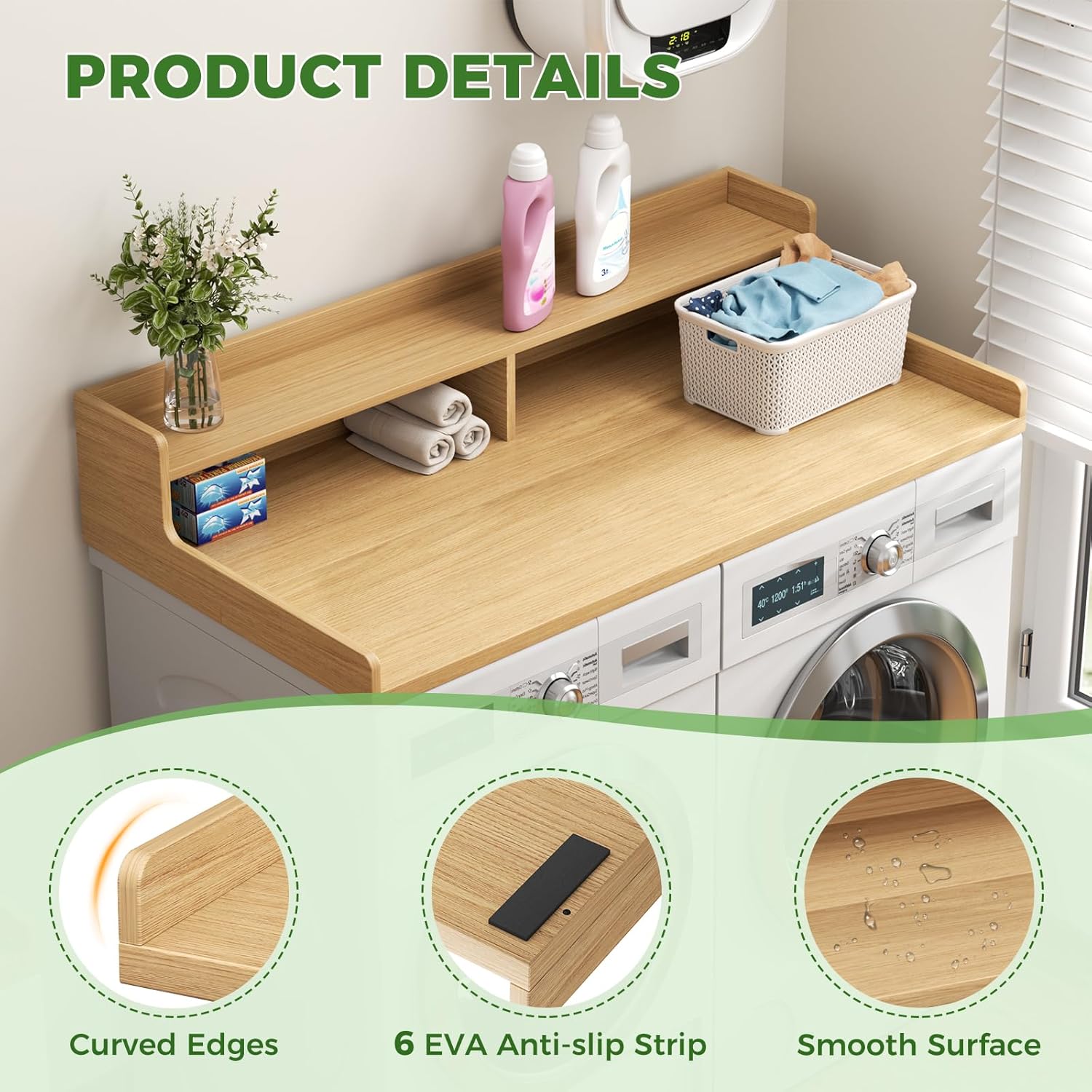 VOPEAK Washer and Dryer Countertop with Shelf, 2-Tier Washer Dryer Topper, 54" x 27.5" Spacious Laundry Countertop, Washing Machine Topper for Laundry Room Organization and Folding Clothes, Oak