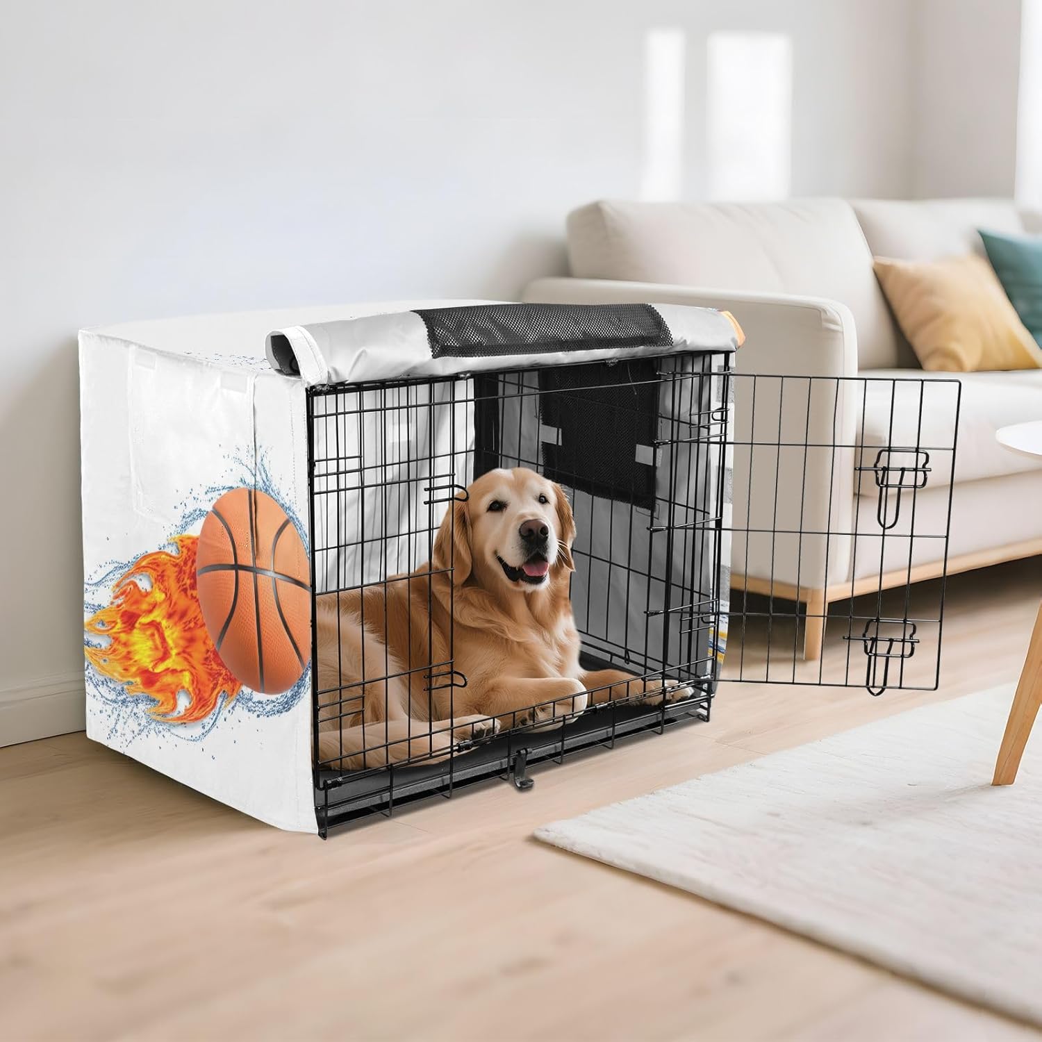Basketball Ball Shot Flame Dog Crate Cover Washable, S-XL Breathable Crate Cover for Pet Owners, X-Large