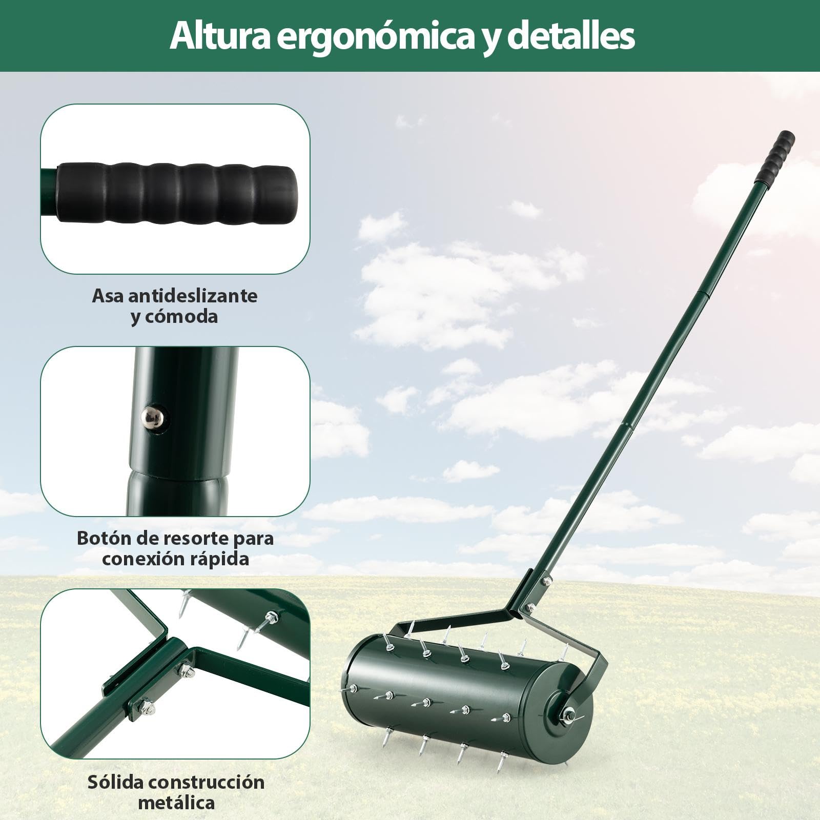 SOARS Rodillo para aireación de césped, aireador de césped con clavos de 3,5 cm y mango, escarificador manual rellenable, rodillo de jardín, rodillo manual de metal de alta calidad, ideal para el
