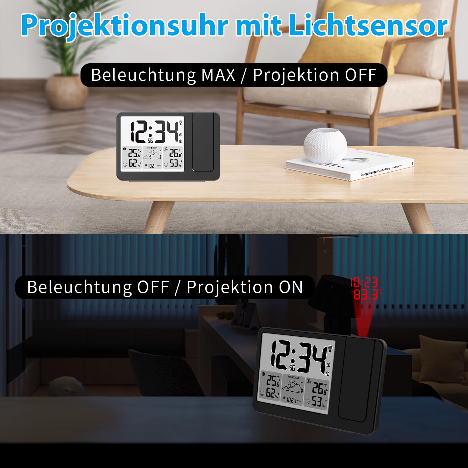 Uzoli EM3539E Projektionsuhr mit Wetterstation, DCF Funkuhr, 180° drehbare Projektion, Temperatur, Feuchtigkeit, Wettervorsage, 2 Wecker, Komfortstufen, Projektionswecker mit 1 drahtloser Außensensor