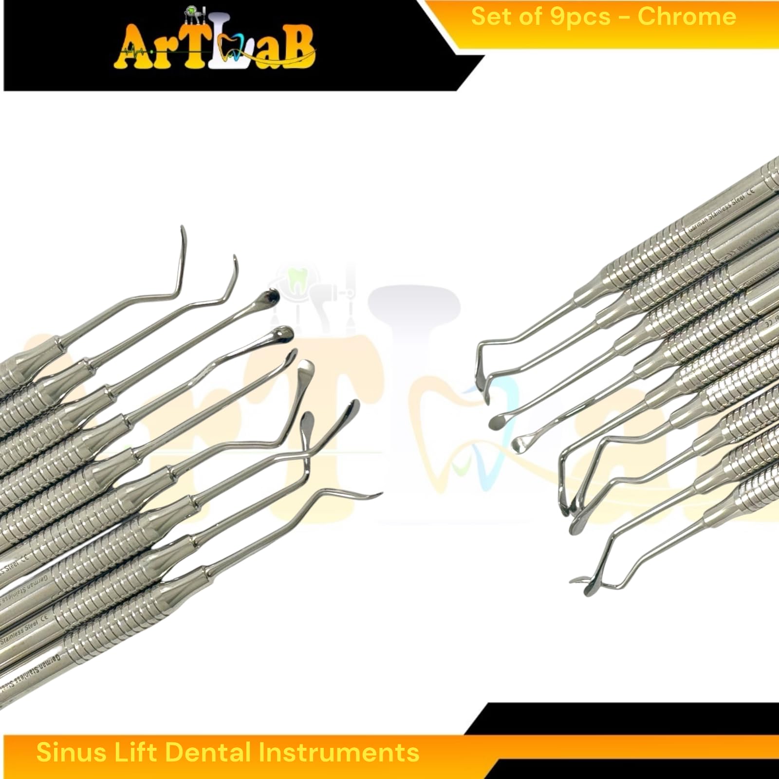 Pack of 9pcs Sinus Lift Dental Instruments Scaler Curettes | Double-Ended | Chrome Finish | German Stainless Steel