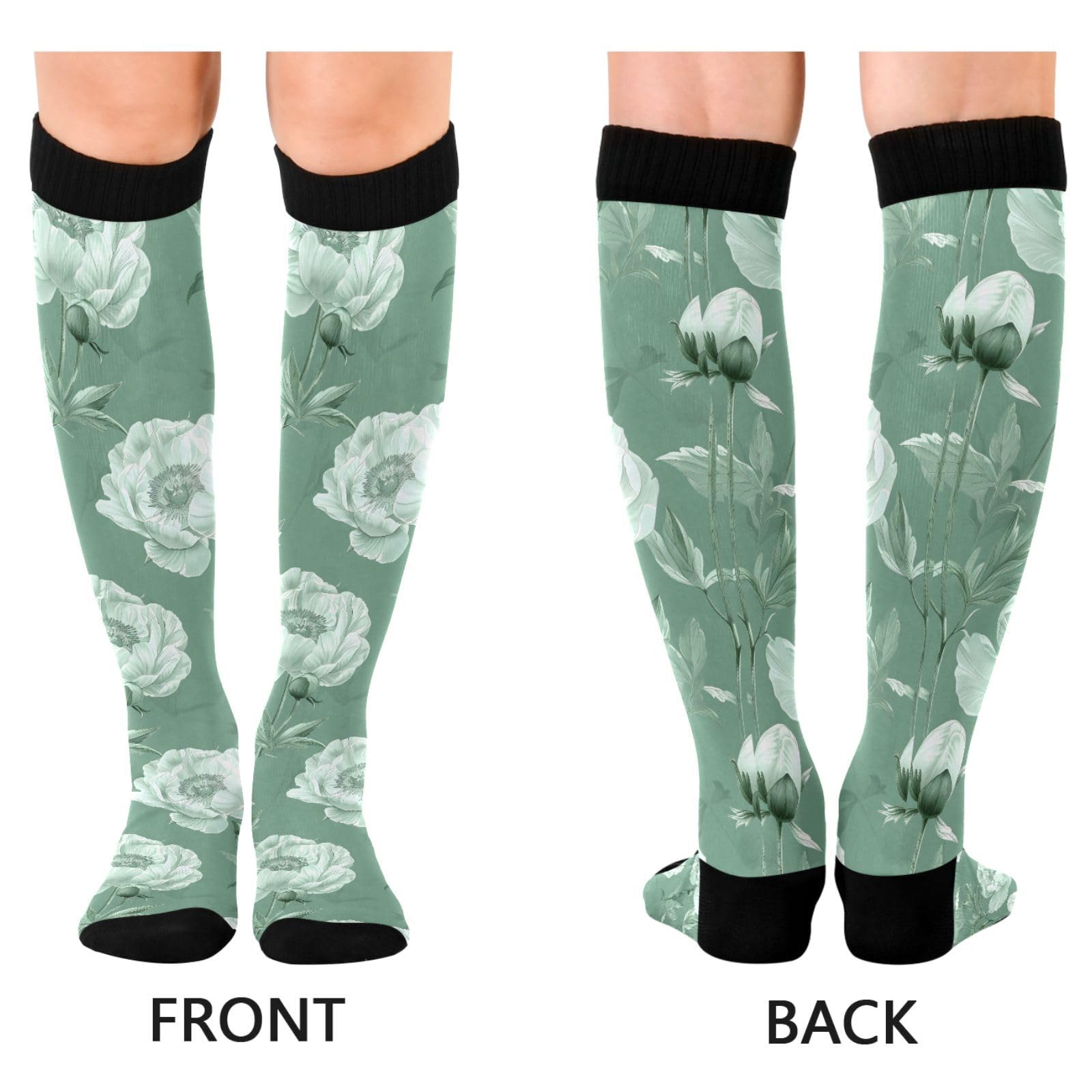 MFTJYO White Rose Flower White Pattern Women's Compression Socks for Women Men Knee High Socks Long Circulation for Athletic Running