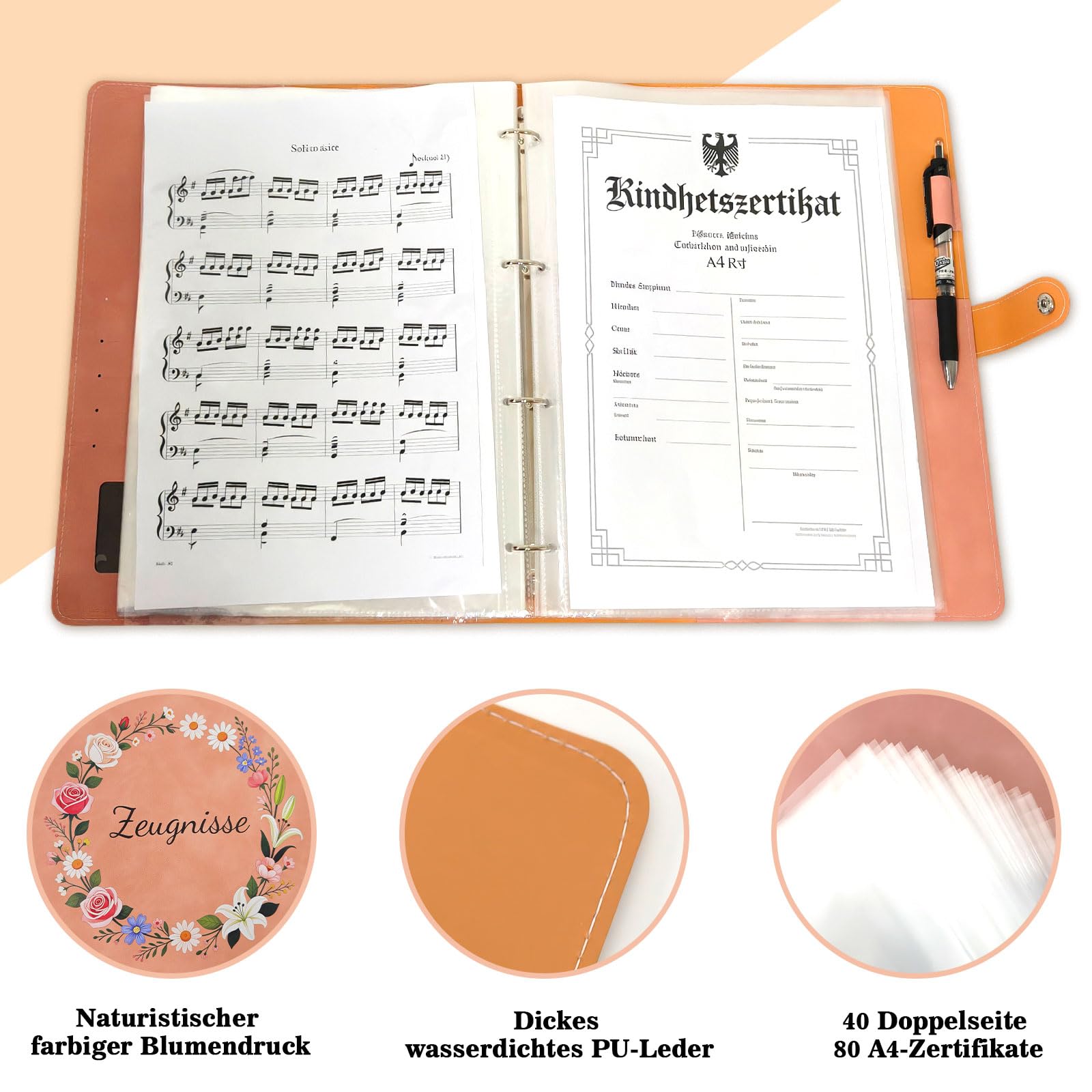 Zeugnismappe Mädchen A4 Mit 40 Hüllen - PU Leder Farbige Blumendrucke Schnellhefter Ordner Dokumentenmappe Schule Zubehör Fächermappe Abitur Geschenke und zur Einschulung Geschenke (Rosa)