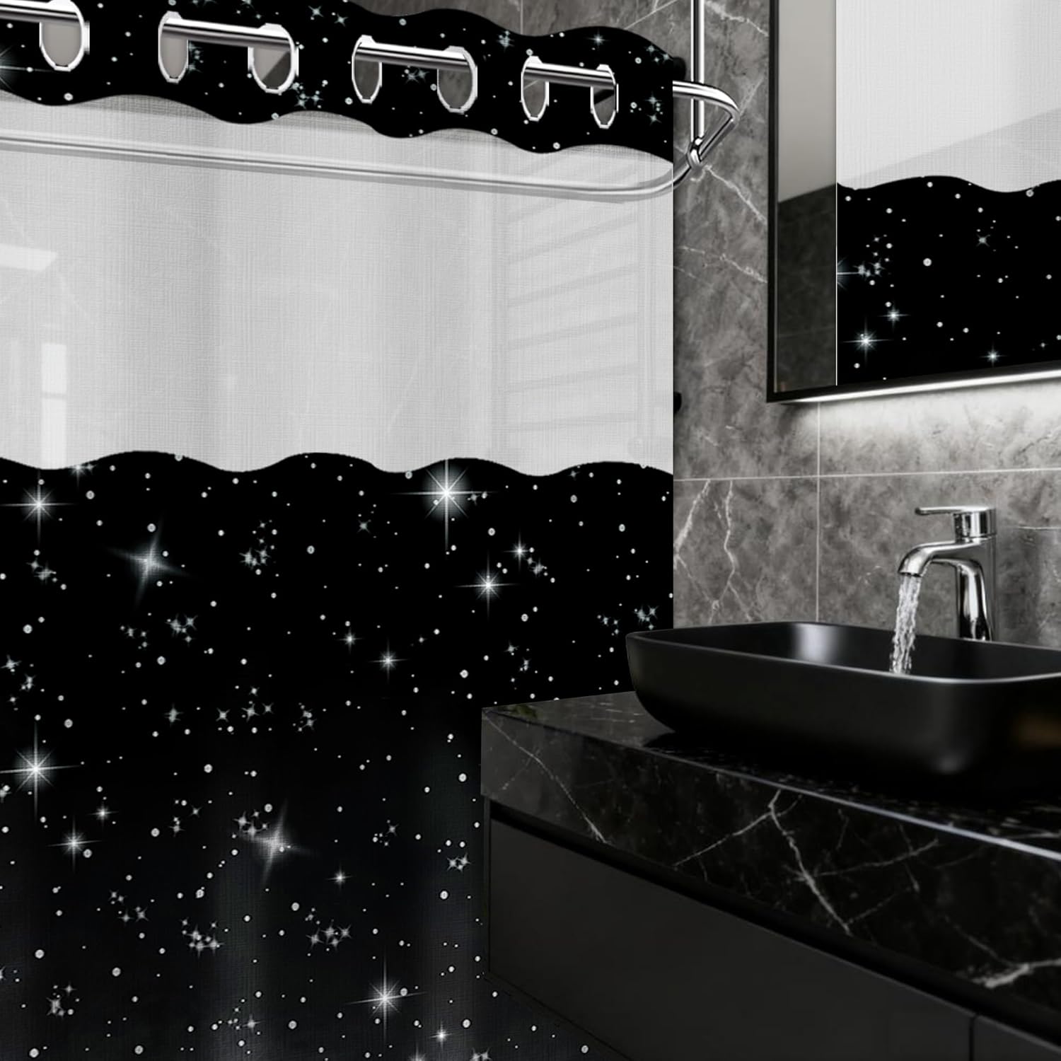 Star Moon Hookless Shower Curtain with Snap in Liner, Space Black and White Watercolor Night Sky Galaxy No Hook Double Layer Shower Curtains and Liner Set, Waterproof Cloth Fabric,71" W X 77" L