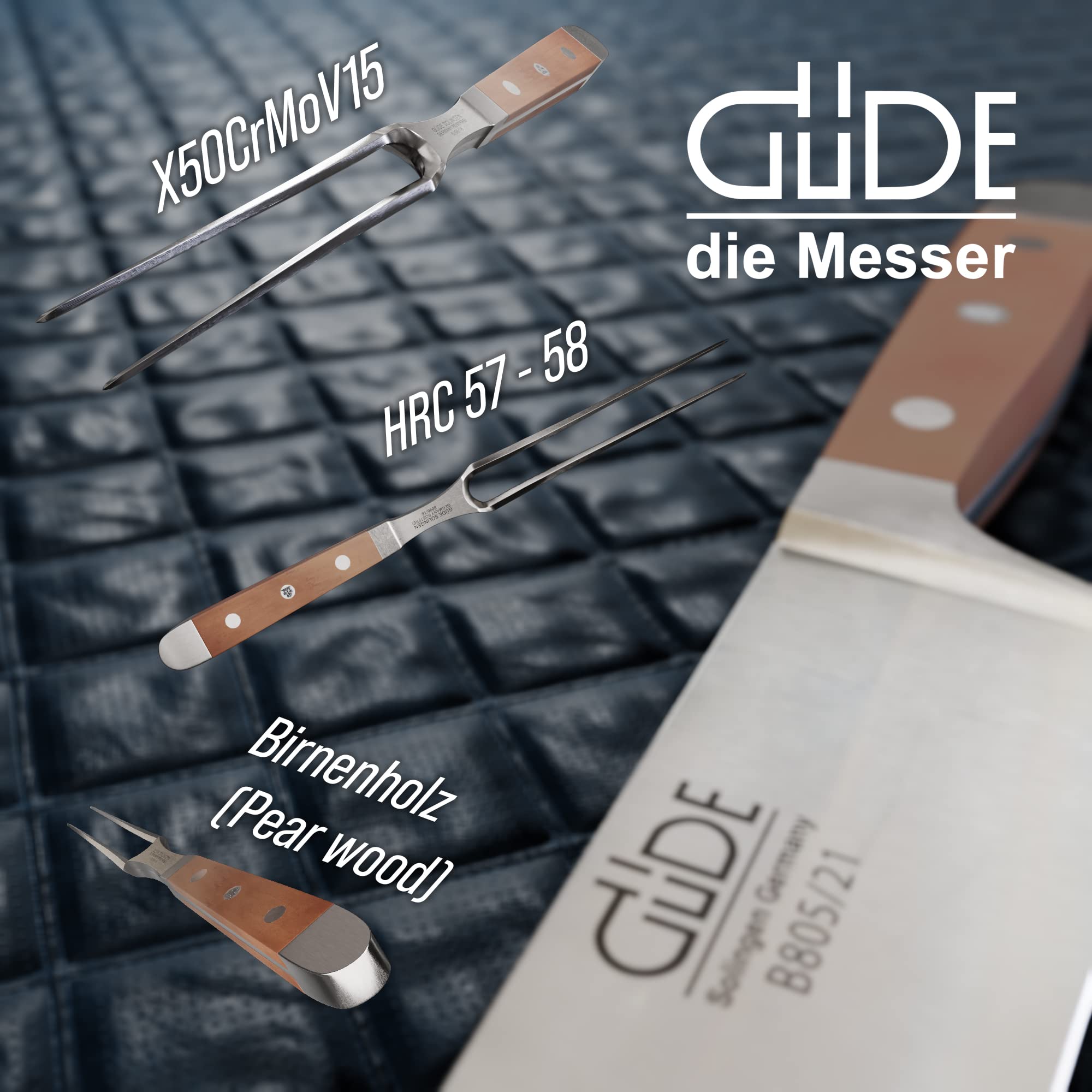Güde Solingen - Tenedor de carne forjado, 18 cm, madera de peral, ALPHA-BIRNE - doble virola, Hecho a mano en Alemania