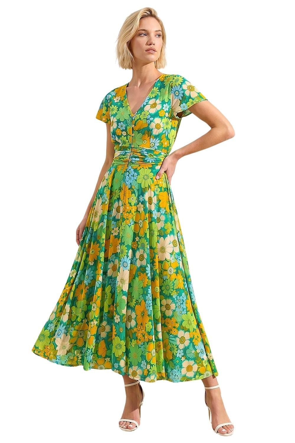 Roman Shirred Empire Waist Dress for Women UK Ladies Midi Maxi Summer Spring Tiered Frill Hem Short Sleeve V Neck Button Through Boho Bohemian Holiday Cruise