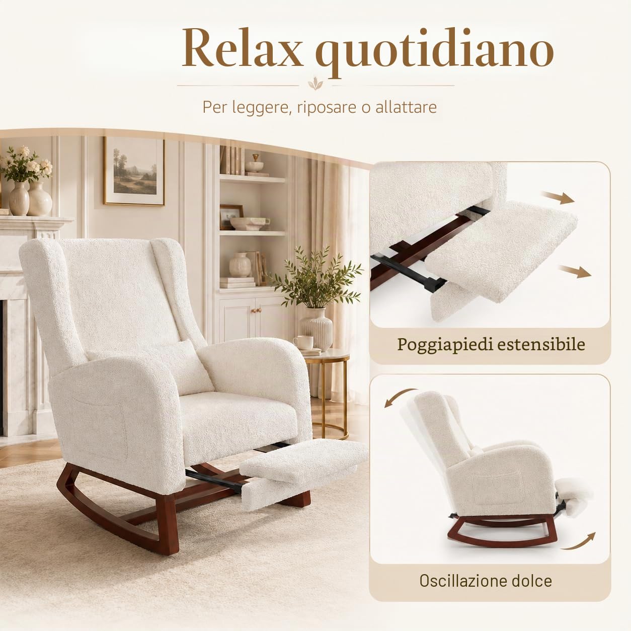 Poltrona a dondolo con poggiapiedi, sedia a dondolo, poltrona a dondolo relax a dondolo cuscino lombare, con tasca laterale e braccioli, sedia a dondolo camera (Sherpa, bianco sporco)