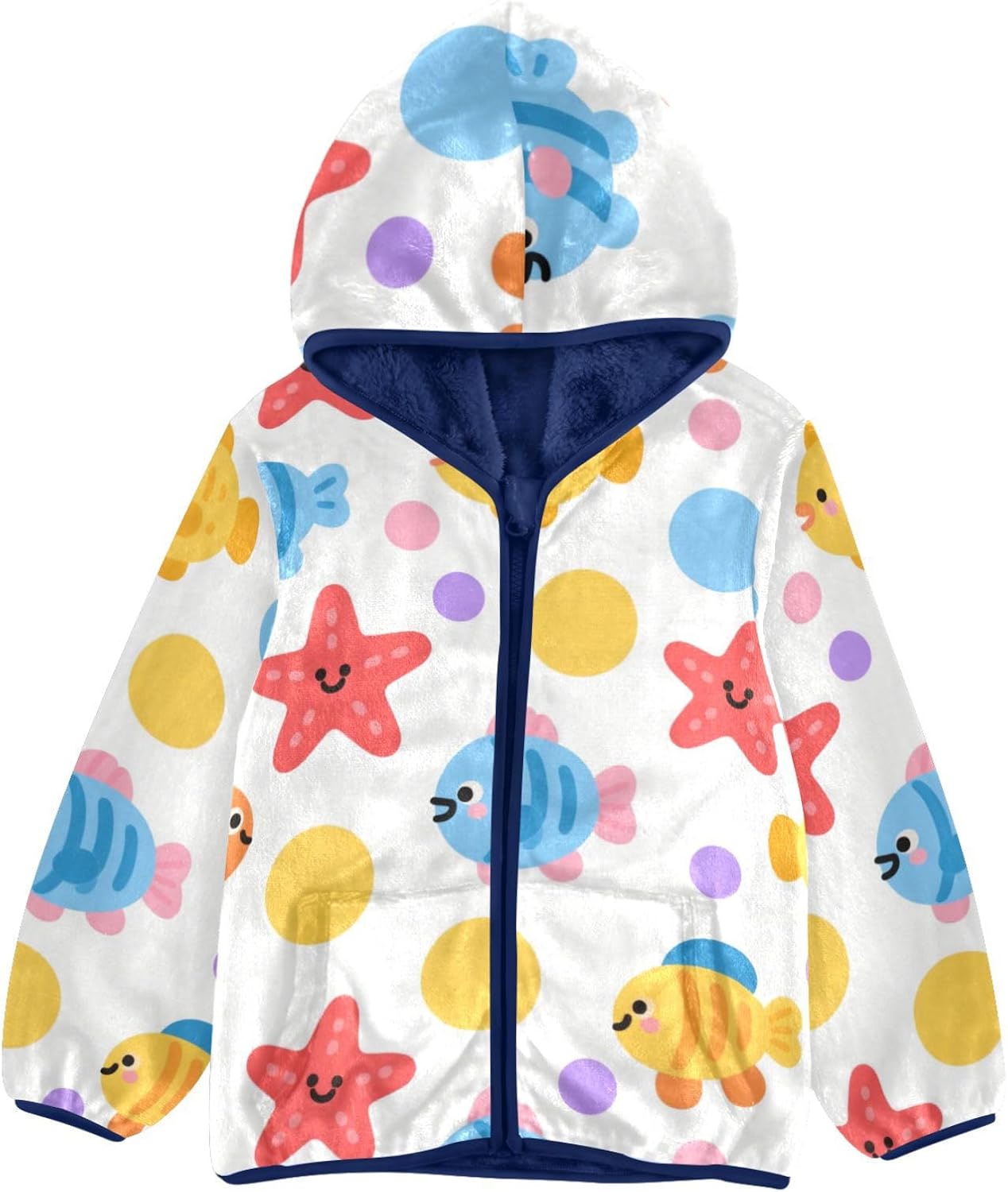Cartoon Cute Colorful Fish and Starfish Toddler Hooded Jackets Outerwear Jackets Navy Blue Baby Boys Clothes