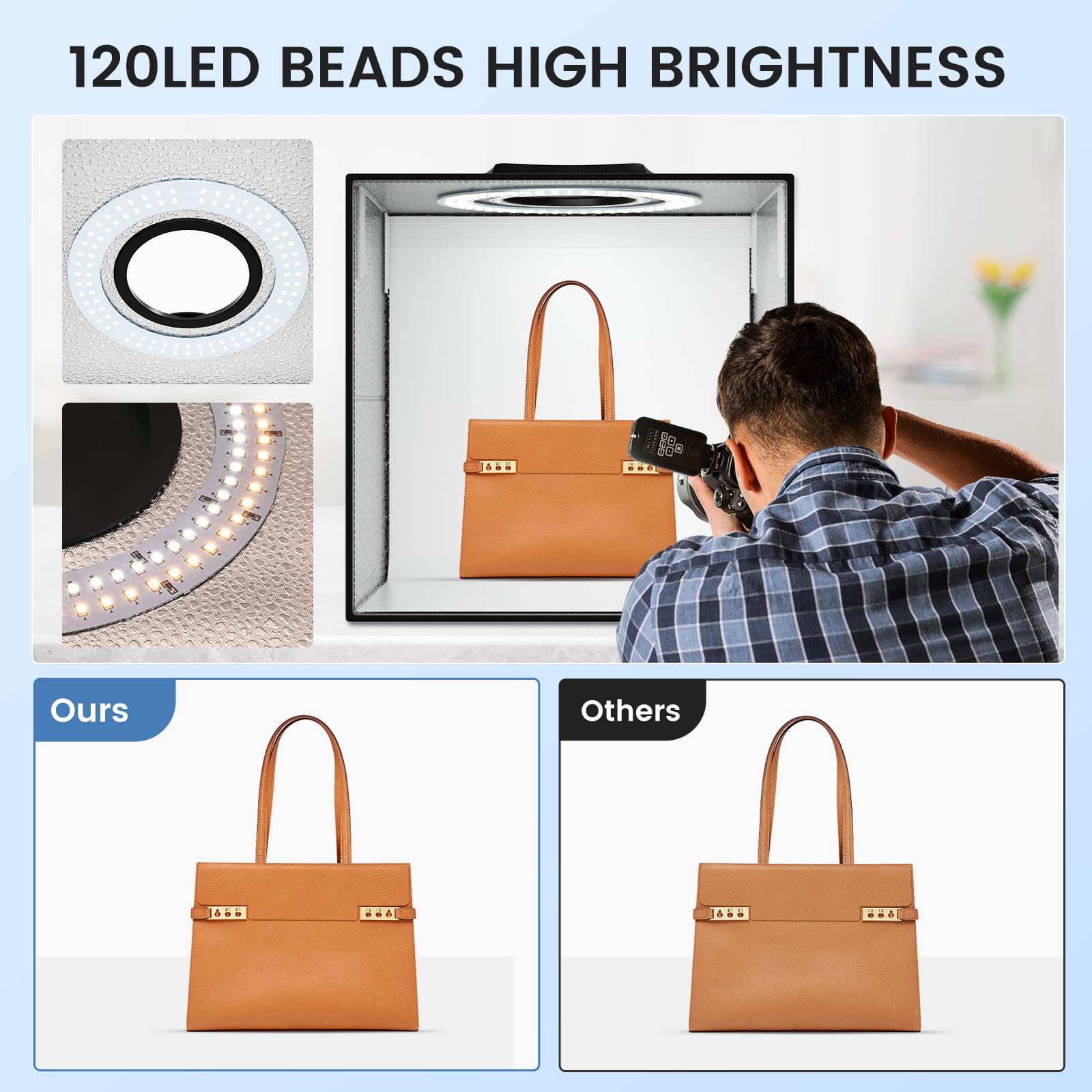 Fotografia Luce Box per Studio Portatile, Luminosa per Studio con 120 Luci LED, kit Tenda da tiro portatile dimmerabile con 6 Sfondi Antipolvere CRI > 95 (40×40×40 CM)