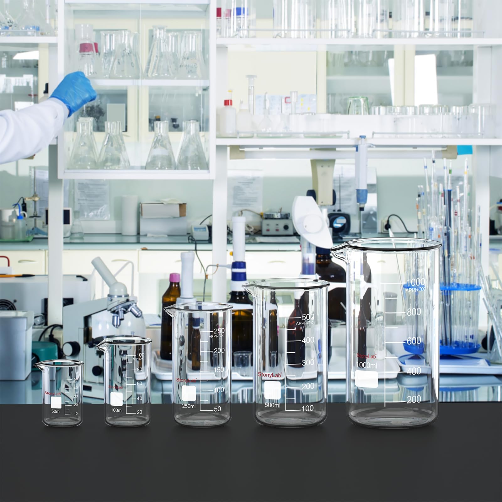 stonylab Ensemble de Béchers Hauts, 5 Pièces, Bécher en Verre avec Graduation, Verre Borosilicaté Durable, Bécher Haut Idéal pour Laboratoire, Chimie et Utilisation Éducative en Sciences
