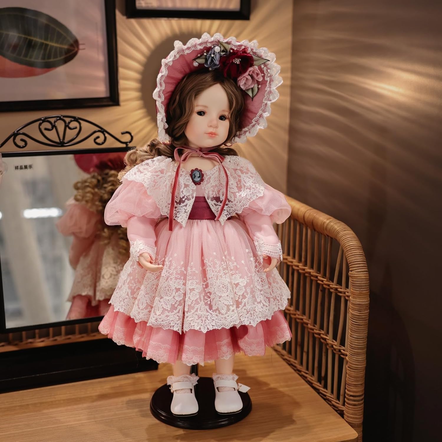 18 Inch Porcelain ＆ Fabric Doll, European Retro Handmade Ceramic Doll with Showing Stand for Room Decor, Birthday Gifts, Collectible，Name Lilian (Pink)