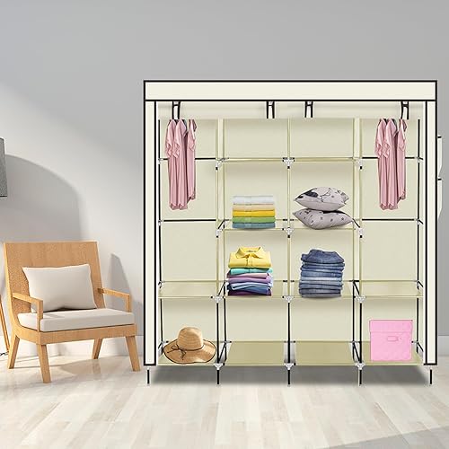 Miniatura 6 de Armario portátil para dormitorio, riel de ropa con funda de tela no tejida, organizador de almacenamiento de ropa, perchero de ropa, 12 estantes, 4