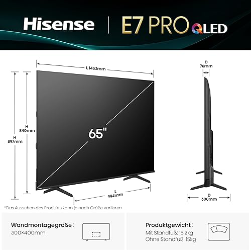 Hisense 65E7Q Pro TV QLED 4K 65" (164 cm) - Série E7 Pro 2024-144Hz (HSR 240Hz), Dolby Vision IQ & Atmos, Mode Jeu Pro 144Hz, AMD FreeSync Premium, Smart TV VIDAA U9, Alexa & AirPlay 2 - 2