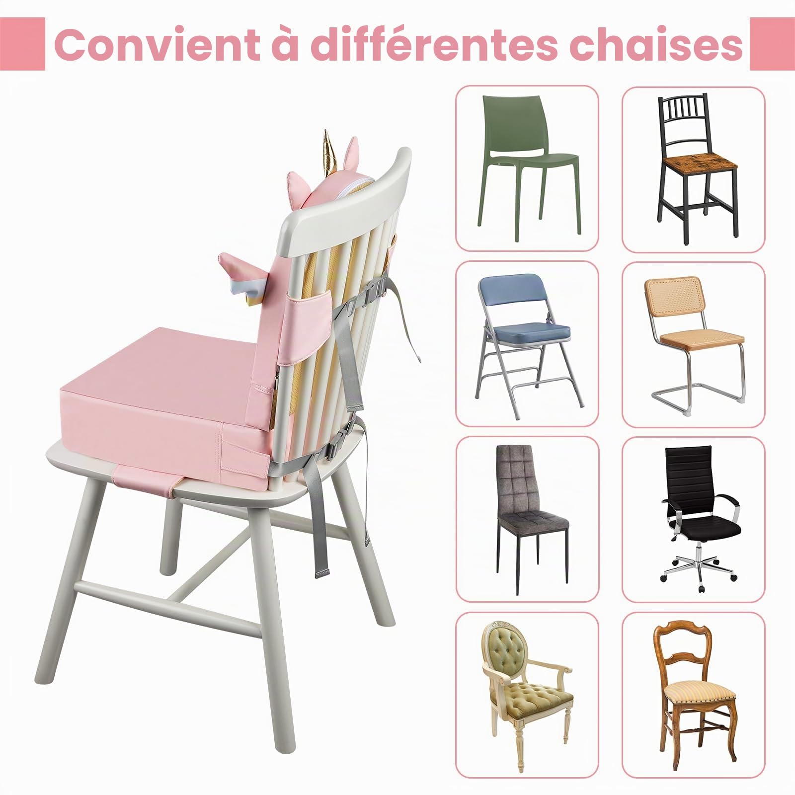Rehausseur de Chaise Enfant PU 10cm avec Dossier, Lavable - Licorne Rose | Portable Antidérapant Coussin Rehausseur Bebe Enfant et Sangles de Sécurité Réglables en 3 Points