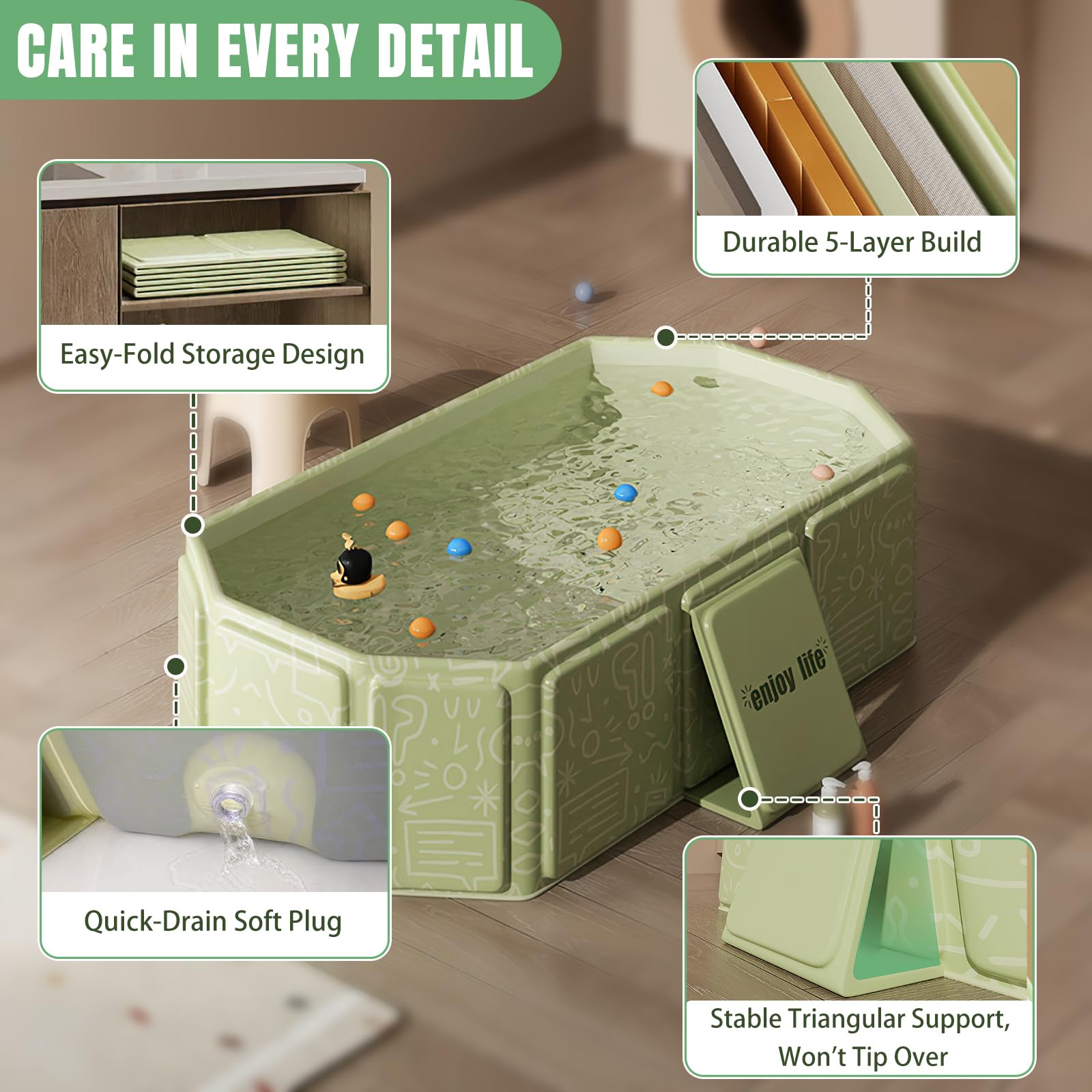 Bañera plegable para niños, portátil y grande para bebés, lavabo de ducha bañero para 0-8 años, integrado con tapón de drenaje (Verde)