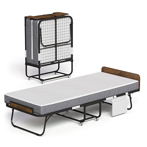 Folding Bed with 5" Mattress Wooden Headboard Side Pocket Cot