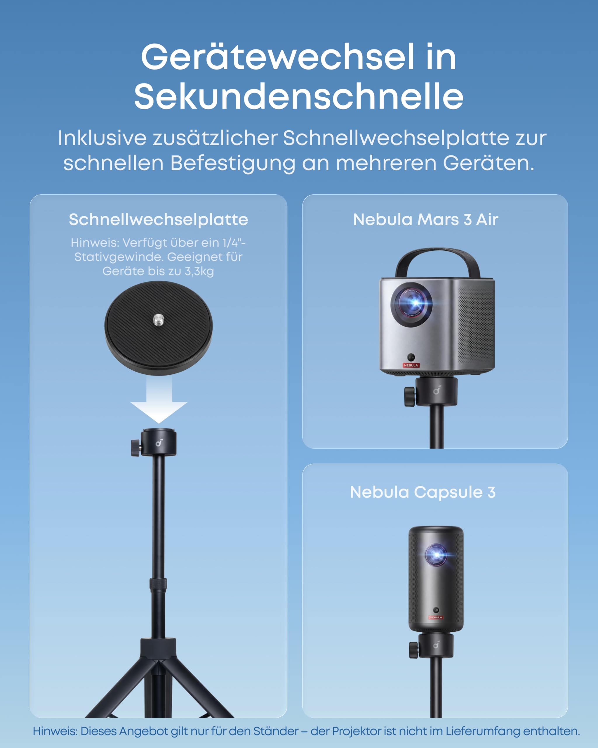 Nebula Quick-Mount Projektorständer, 1-Sekunden-Aufbau für Nebula P-Series Projektoren, universell kompatibel, stabil bis 3,3kg, faltbar auf 34cm