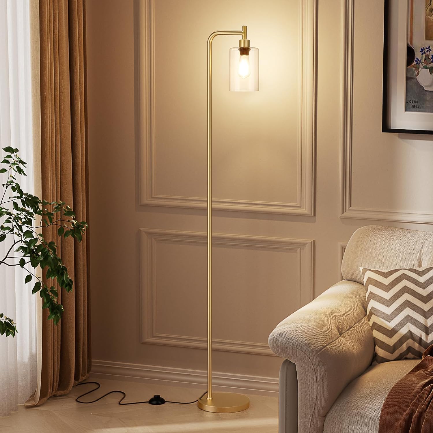 Ziisee Floor Lamps for Living Room - Industrial Standing Lamp with Glass Shade, Modern Gold Floor Lamp with LED Bulbs, Farmhouse Floor Lamp for Bedroom, Tall Lamp for Office - Gold
