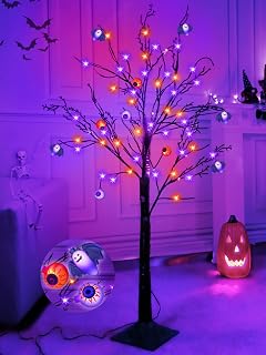 4 Ft Orange & Purple Halloween Lighted Tree Decoration with Timer 48 LED & 3D 5 Eyeballs & 5 Bat Lights DIY Ornaments Black Spooky Tree Halloween Decor Home Indoor Outdoor Garden (Plug in/4 Stakes)