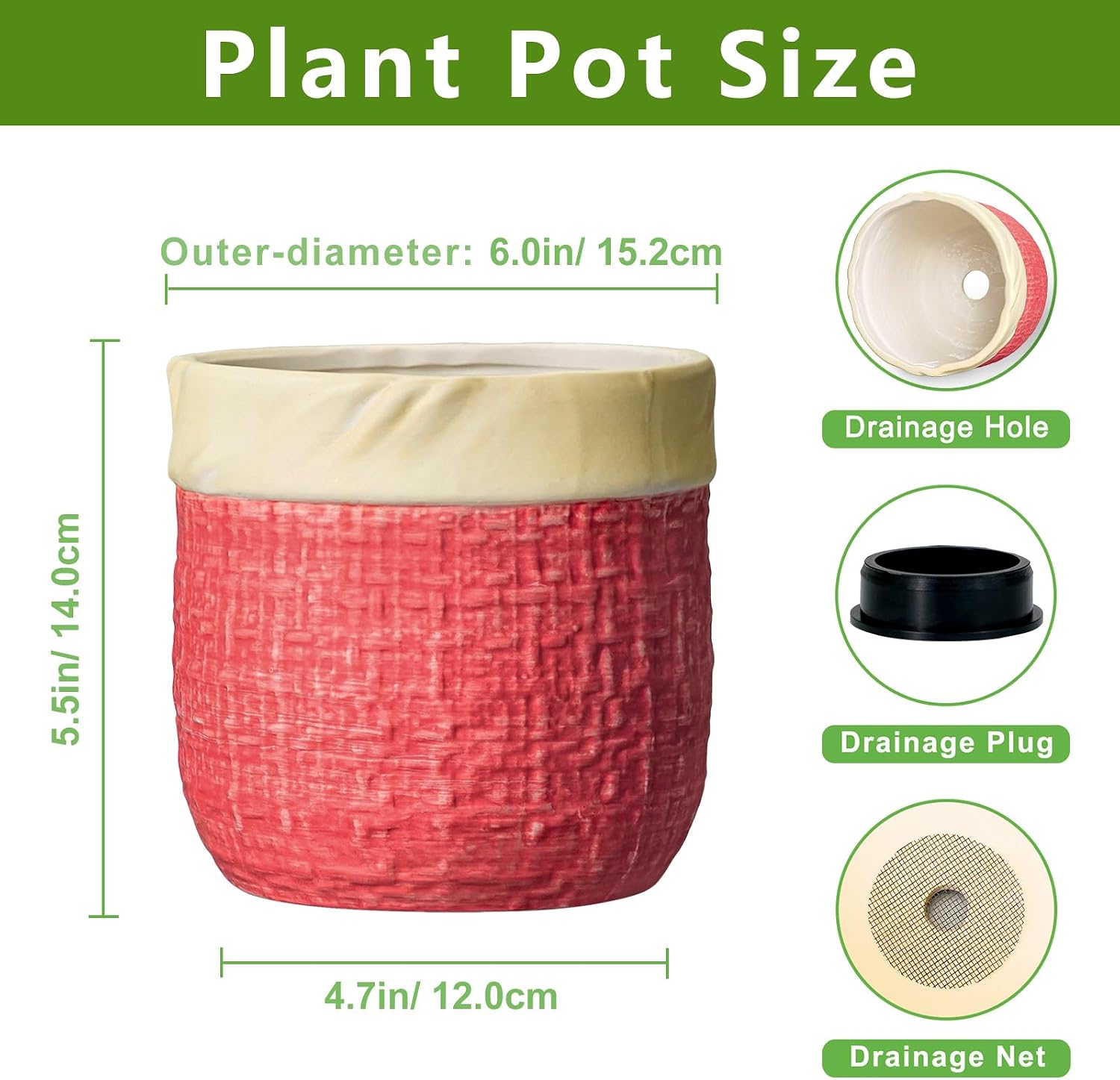 6 Inch Pots for Plants, Ceramic Planter, Round Flower Pots, Red image 2