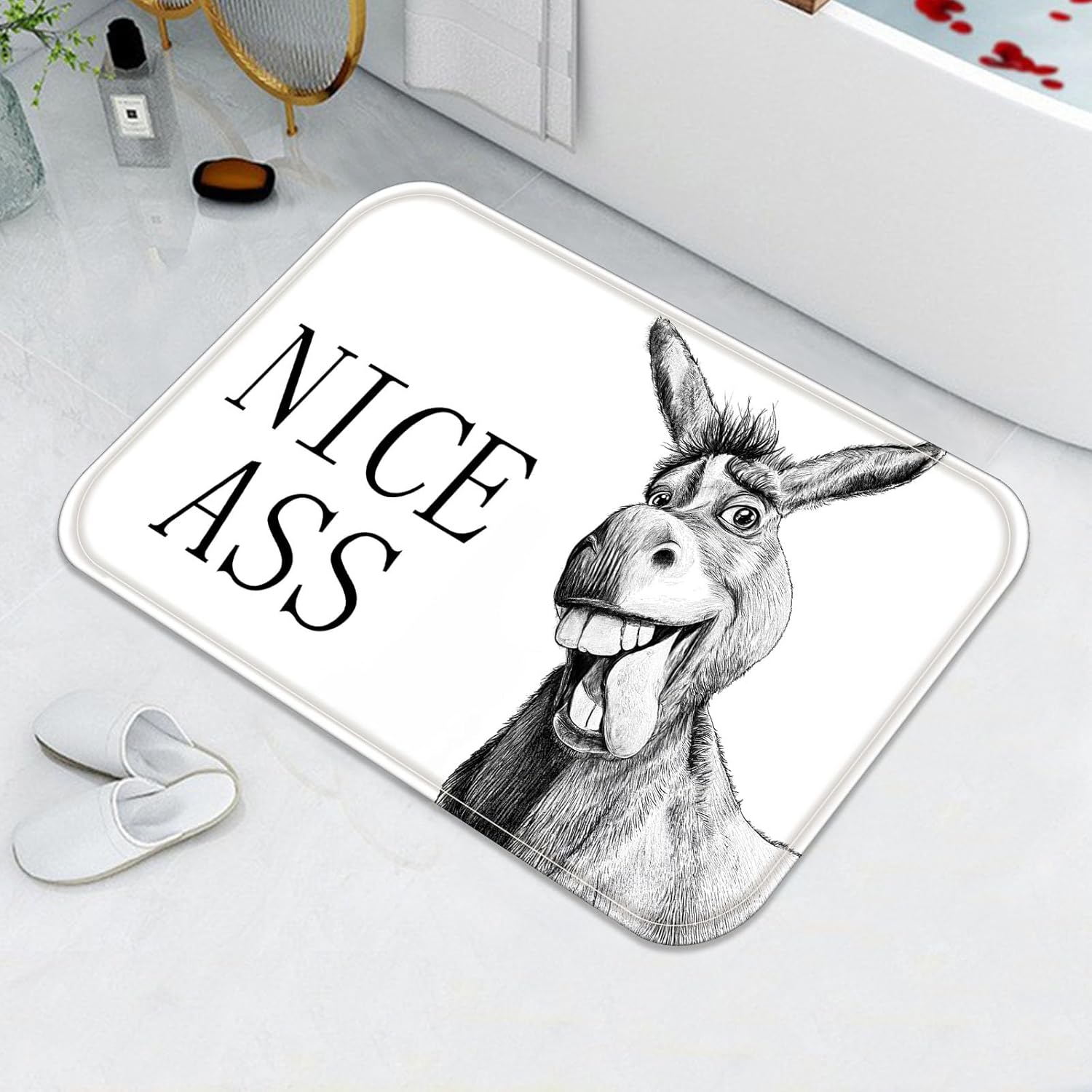 Funny Donkey Bathroom Rugs Mat Rustic Farmhouse Bath Rug Black and White Fun Cute Animal Wildlife Water Absorbent Non Slip Washable Memory Foam Bath Mats for Bathroom Decor 32 x 16 in