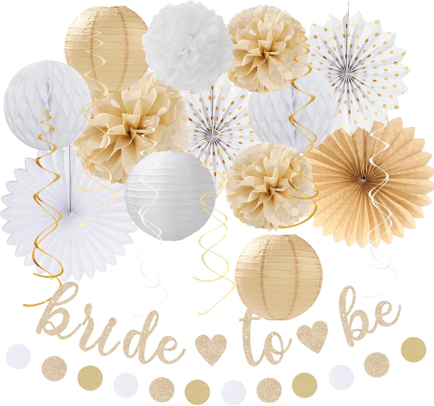 White Champagne Gold Boho Bachelorette Party-Decorations - 21pcs Women Bridal Shower Banner Garland,Bride To Be Paper Streamers Lanterns,Flower Tissue Pom Poms Fan Favors Wedding Decor Huglony