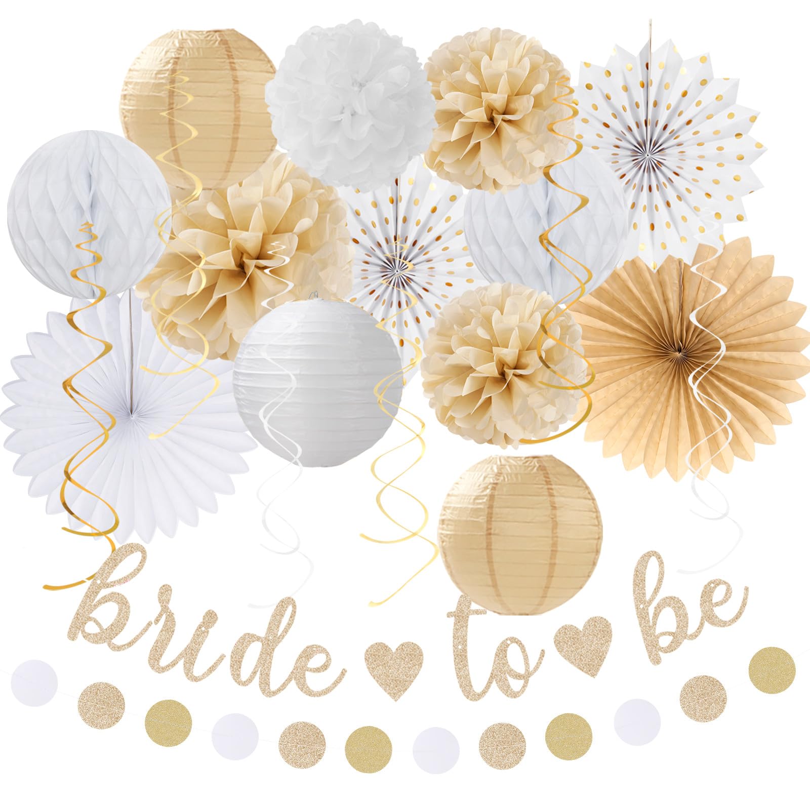 White Champagne Gold Boho Bachelorette Party-Decorations - 21pcs Women Bridal Shower Banner Garland,Bride To Be Paper Streamers Lanterns,Flower Tissue