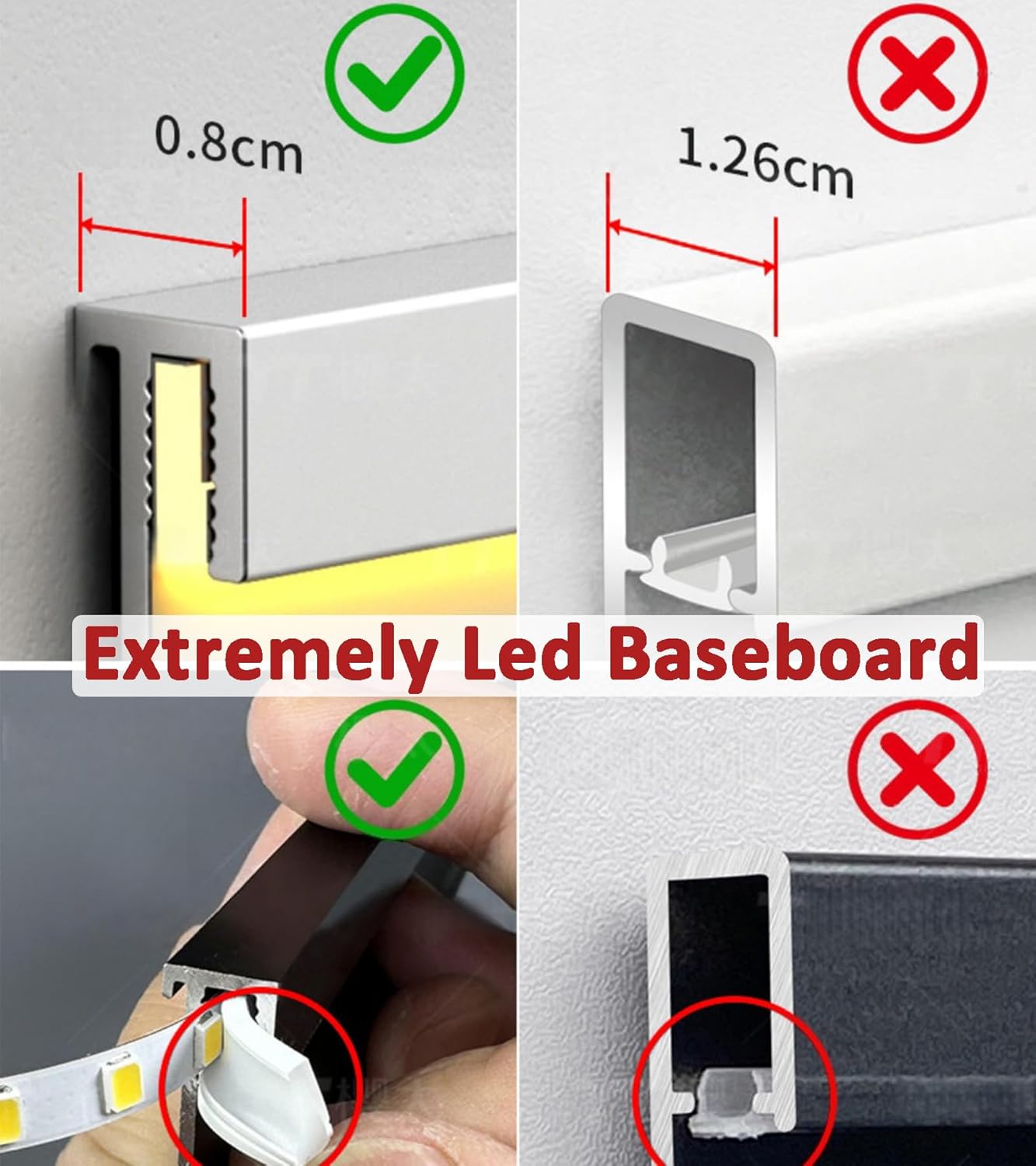 JARBIH Ultra-Thin LED Skirting Board with Warm White Light Strip, 10PACK 3.3ft Aluminum Baseboard Channel, Slim Wall Base for Hardwood & Tile Floor, Minimalist Interior Decor(H8cm, Gold)