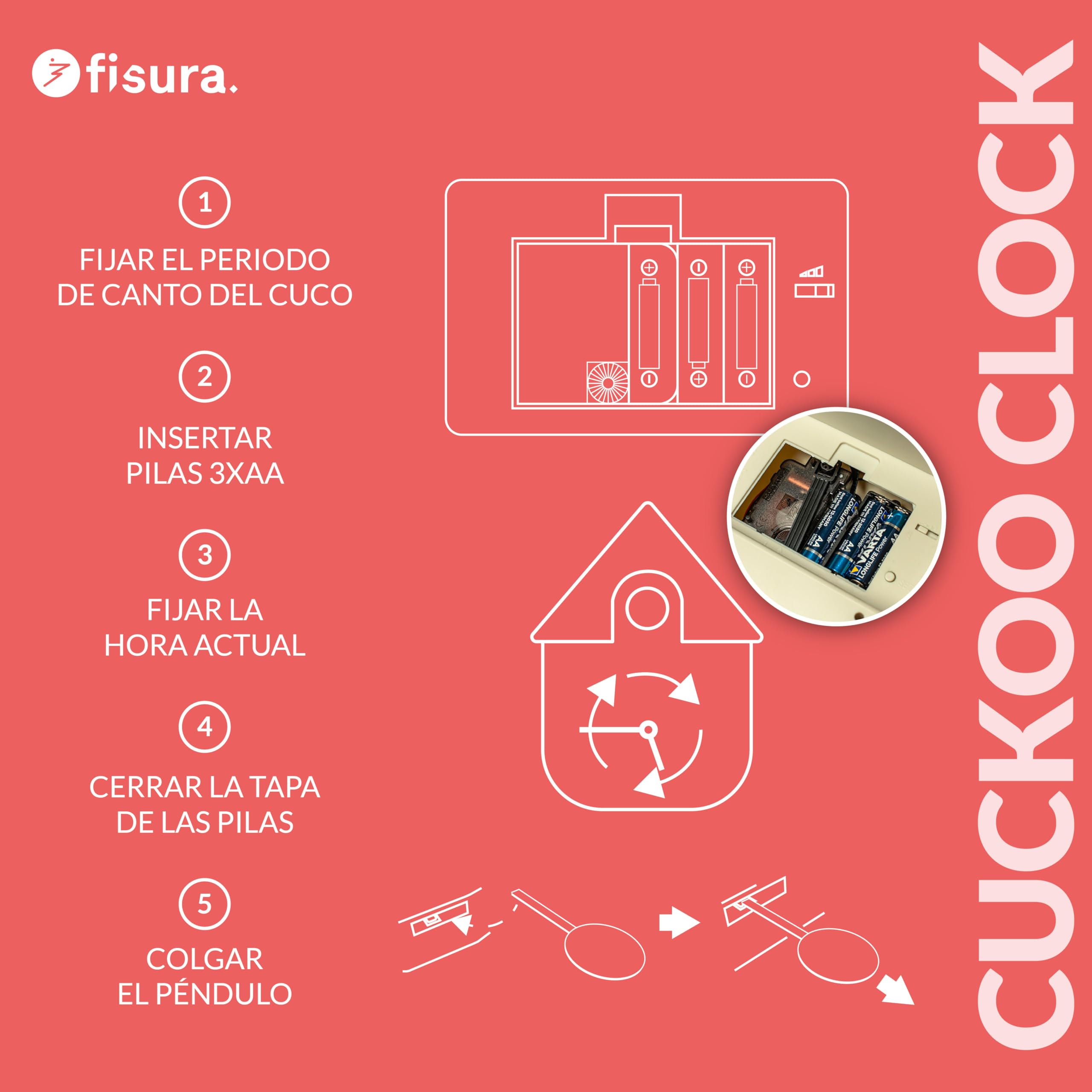 Fisura - Reloj de Cuco de Rayas Blanco y Negro. Reloj de Pared Original. | Reloj moderno de pared. Decoración para regalo. 3 Pilas AA no incluidas. 21,5 x 8 x 41,5 cm. Plástico ABS