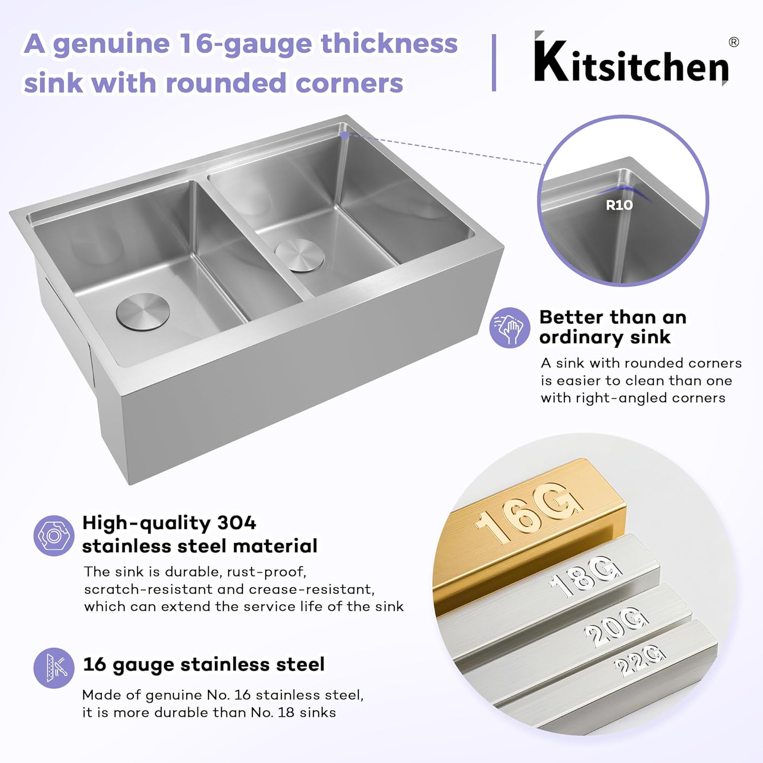 Kitsitchen Farmhouse Kitchen Sink 33 x 22, 16-Gauge SUS304 Stainless Steel Farm Sink, 50/50 Double Bowl Workstation Sinks with Accessories, 33" Inch Large and Deep Undermount Kitchen Sinks