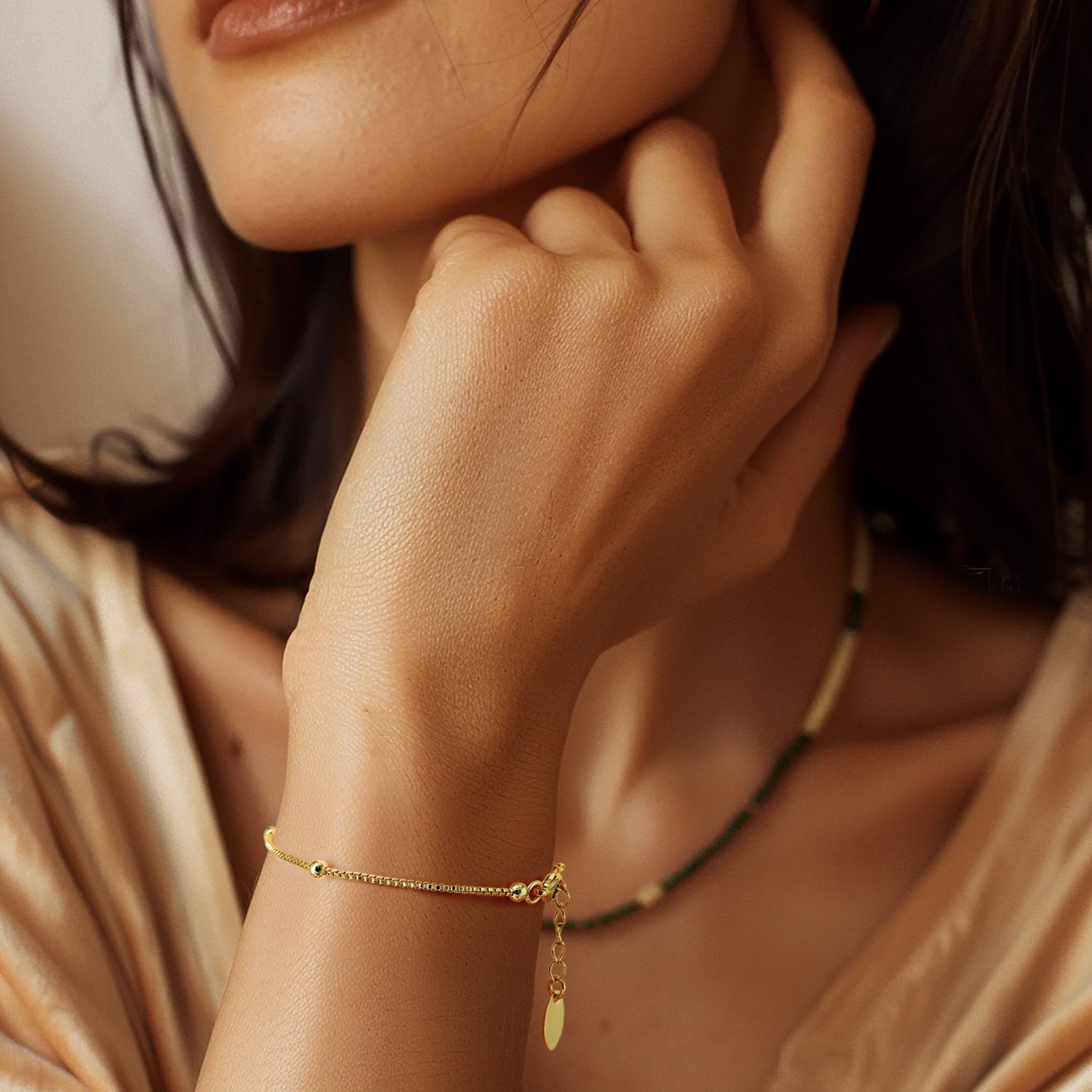 14K Gold Bracelets for Women Adjustable Women’s Bracelet Ball Station Chain Stackable Bracelets for Womens Men Bracelet Jewelry 6.5-9 Inches Including Extension Chain - Image 5