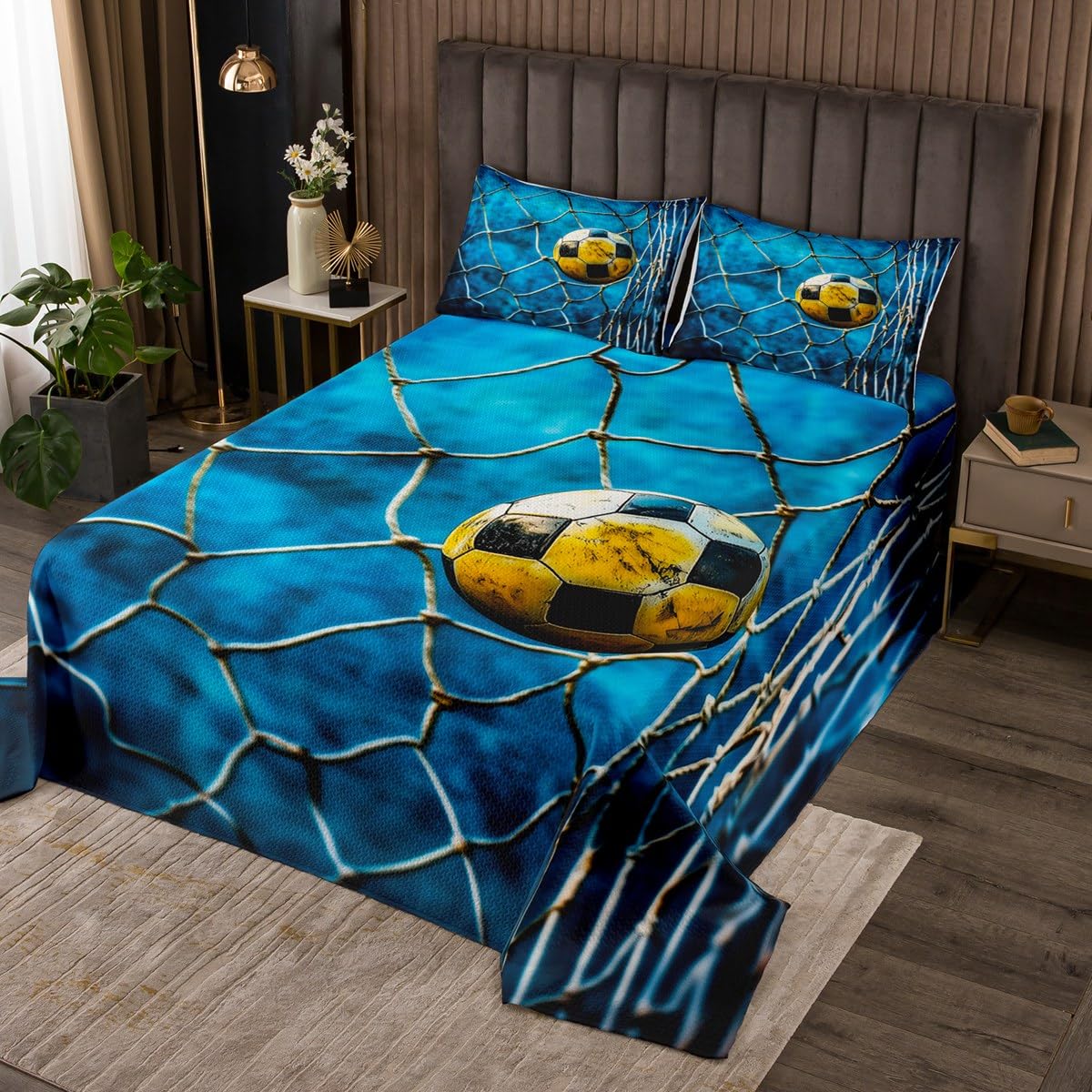 jejeloiu Retro Soccer Bedspread Queen Size Kids Football Ball Game Coverlet Set for Boys Girls Teens Goal Net Quilted Coverlet Breathable Gift for Football Lover Bedroom Decor