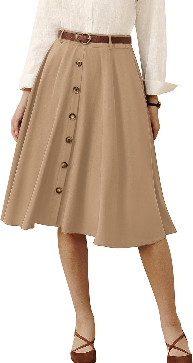 Belle Poque Women's Vintage Skirt High Waisted A Line Flared Midi Skirt with Belts