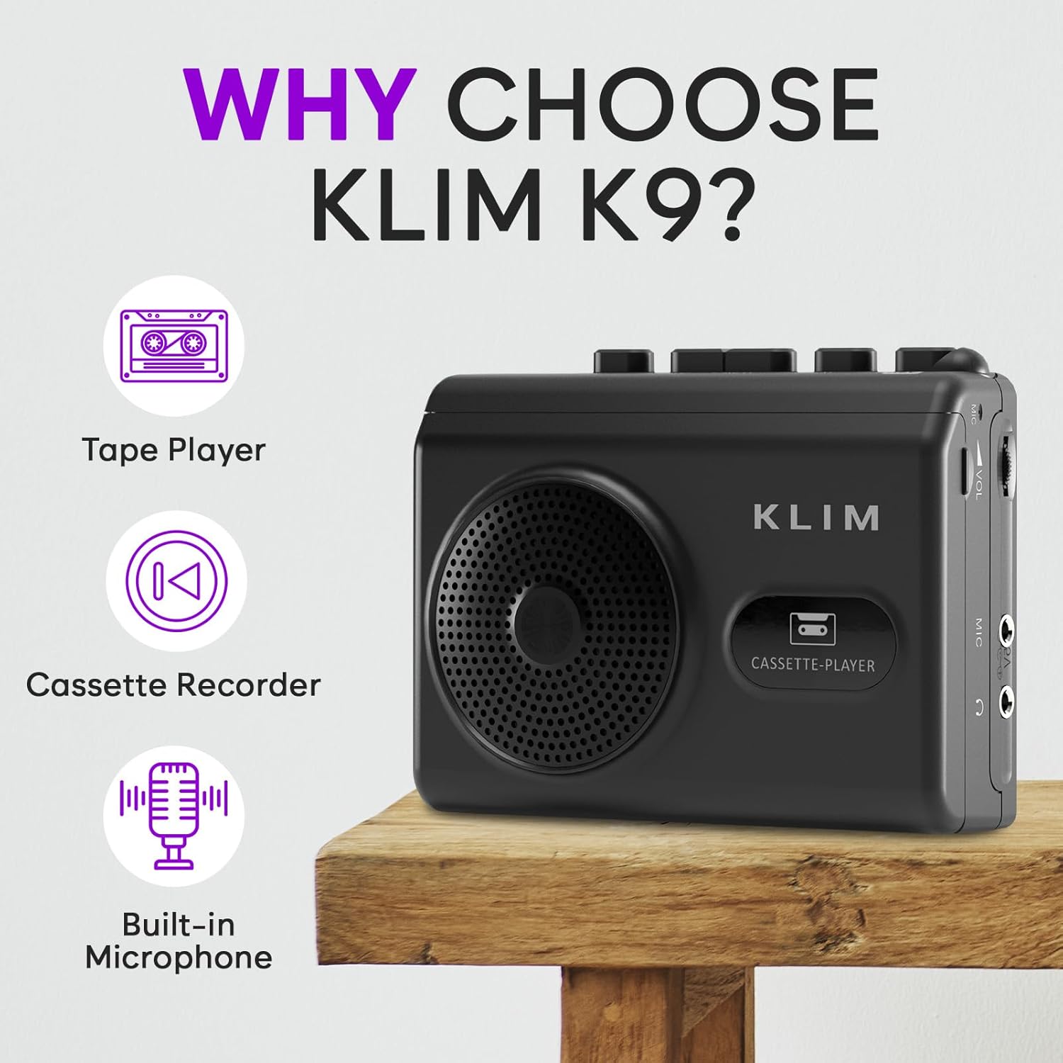 KLIM K9 Cassette Tape Player – Portable Cassette Player & Tape Recorder with Built-in Speaker & Microphone, Headphone Jack, AA Batteries (Included)/AC Powered, Includes Earphones