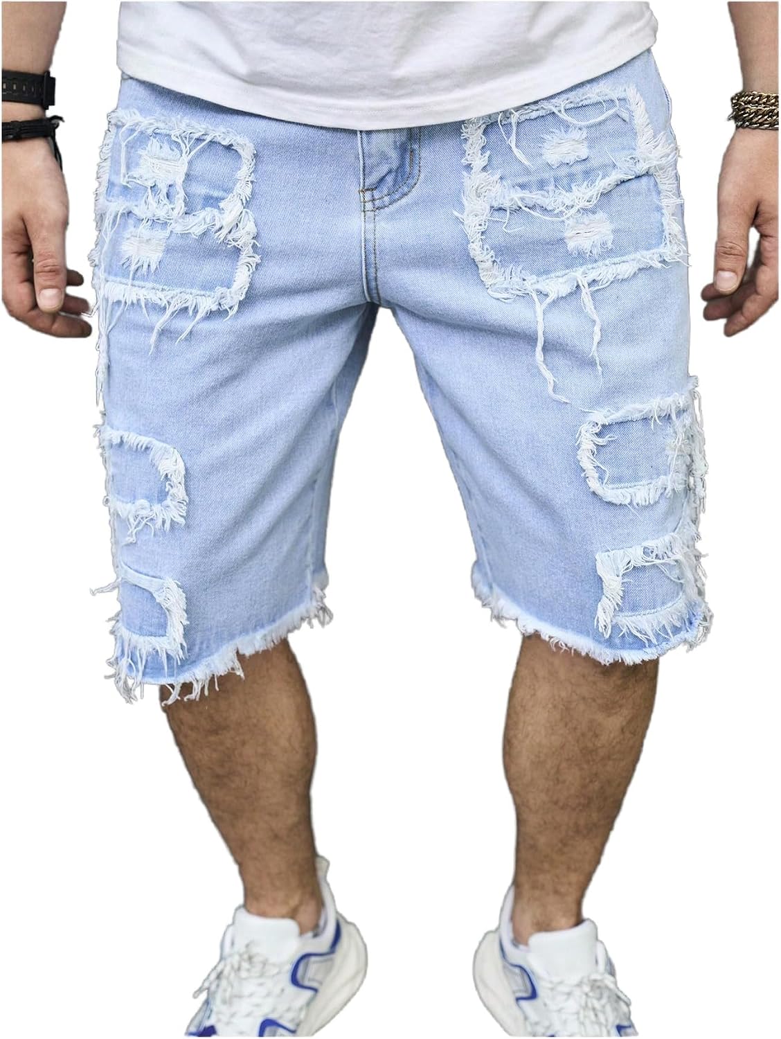 MakeMeChic Men's Ripped Jeans Shorts Raw Trim Straight Leg Zip Fly Denim Jorts Streetwear