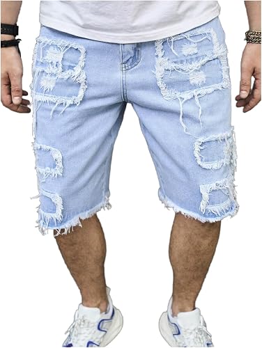 MakeMeChic Men's Ripped Jeans Shorts Raw Trim Straight Leg Zip Fly Denim Jorts S