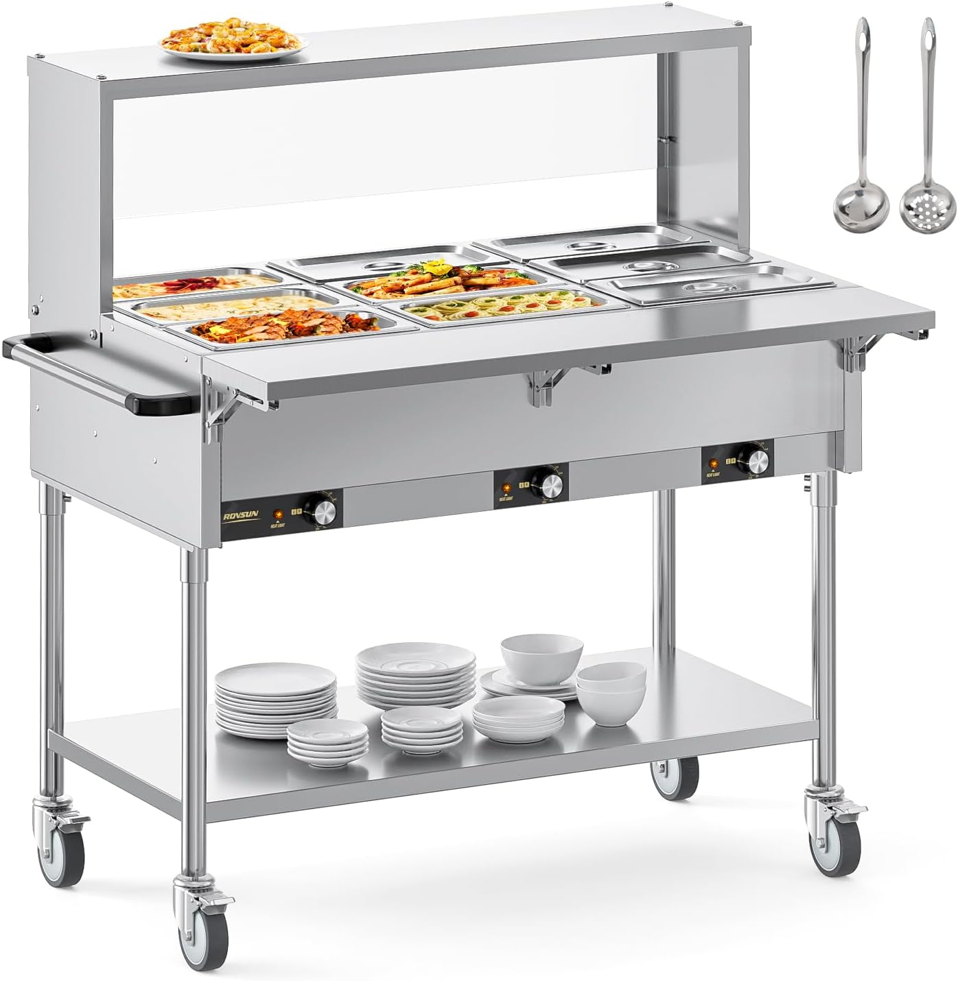 ROVSUN 72QT Electric Commercial Food Warmer, 9-Pan Steam Table 8QT/Pan Stainless Steel Bain Marie w/Overshelf Undershelf Separate Temperature Control & Lid Acrylic Shield for Buffet Restaurant 1500W
