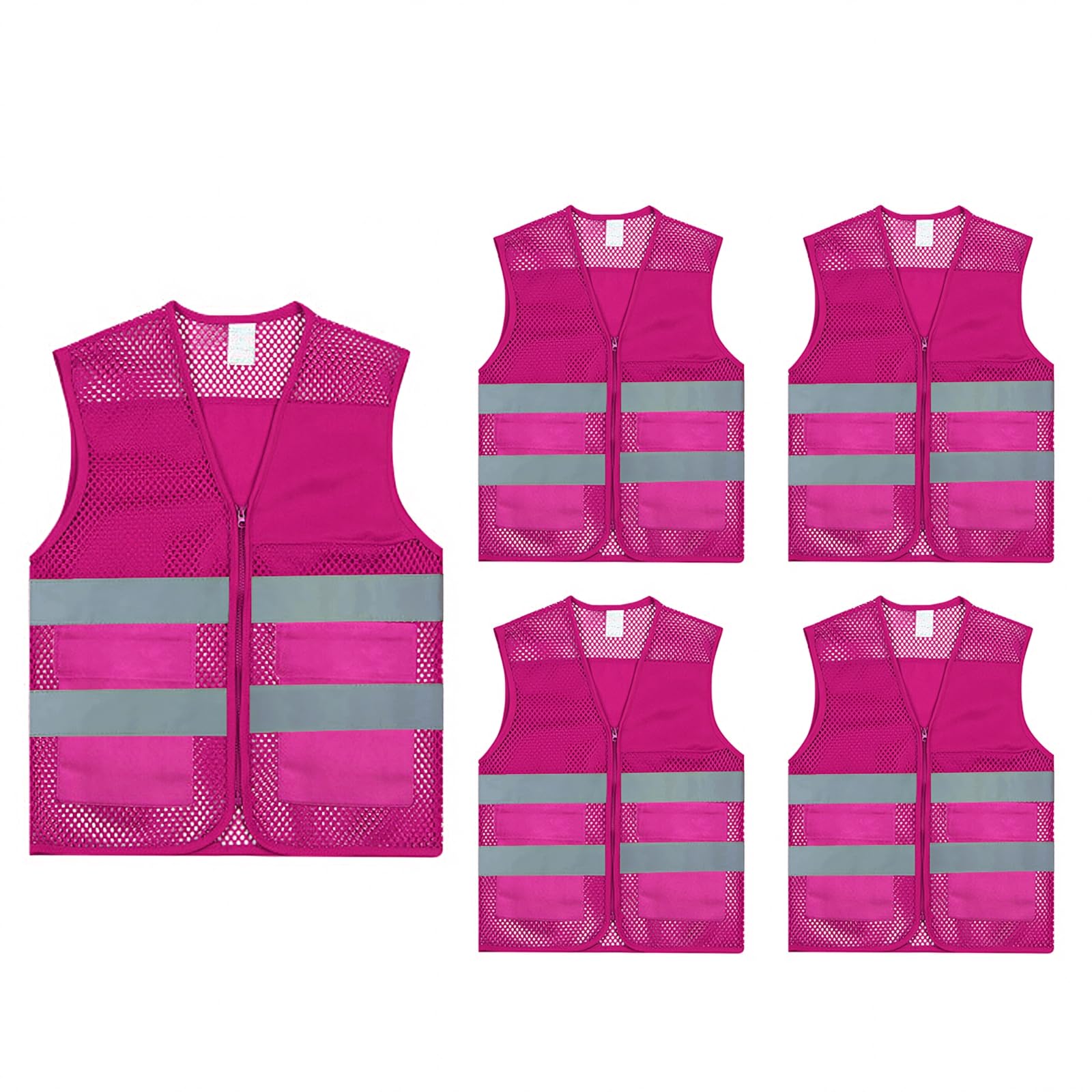 TopTie Paquete de 5 chalecos de seguridad transpirables frontales con cremallera de alta visibilidad con 2 bolsillos Unisex al por mayor con tiras reflectantes