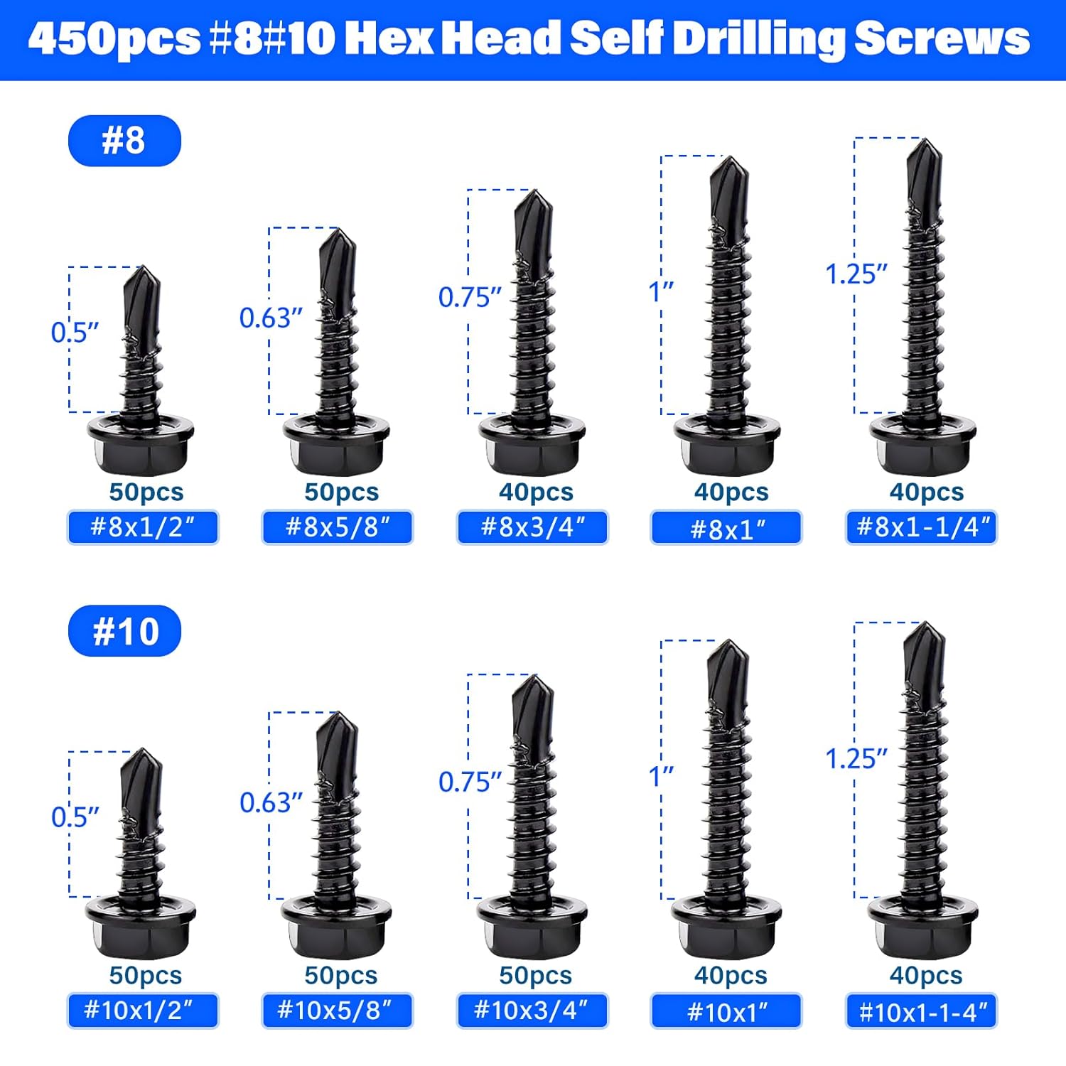450pcs self tapping screws for metal, 410 stainless steel self drilling screws #8#10 hex head sheet metal screws assortment kits, length 1/2"" to 1-1/4'' (black)