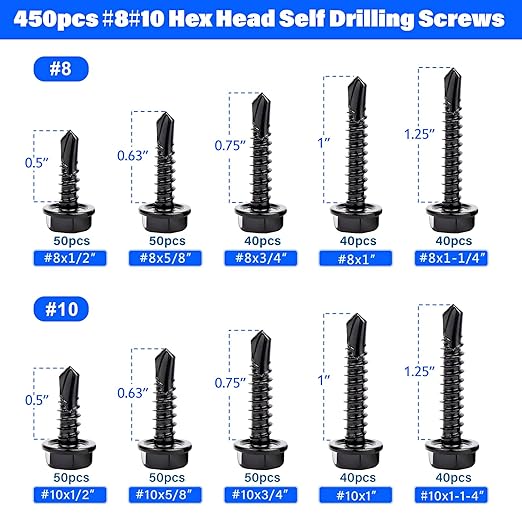 450 Tornillos Autoperforantes de Acero Inoxidable #8 #10 1/2 a 1-1/4 pulgadas miniatura 2