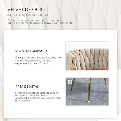 Miniatura 6 de Nrizc Juego de 4 sillas de comedor de terciopelo, sillas de comedor tapizadas tejidas con patas de metal dorado, sillas decorativas modernas para