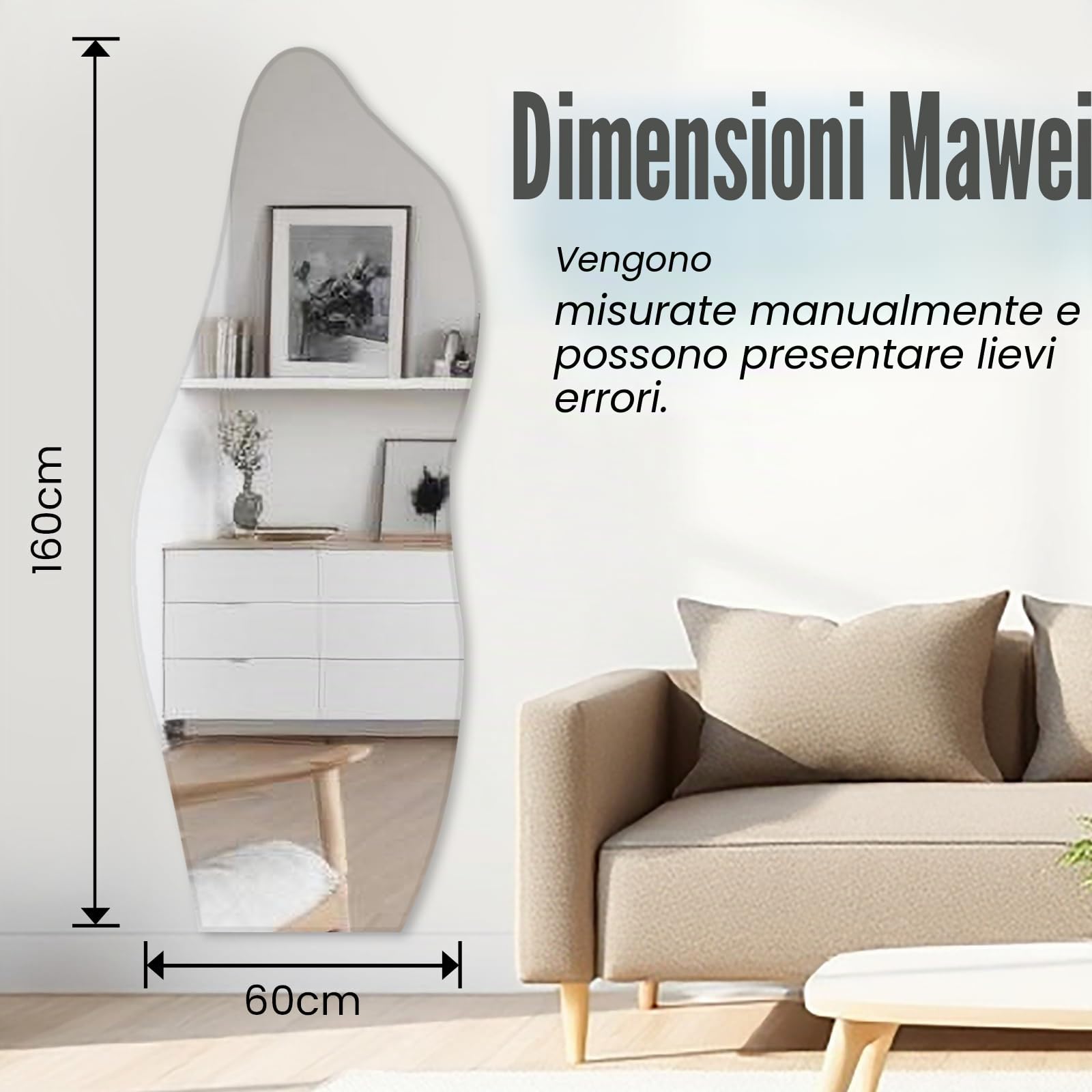 Muzilife Specchio Asimmetrico da Parete Senza Cornice, 160 x 60 cm, Irregolare Grande Specchio Con Pannello Posteriore in MDF, Decorativo per Soggiorno, Bagno, Corridoio