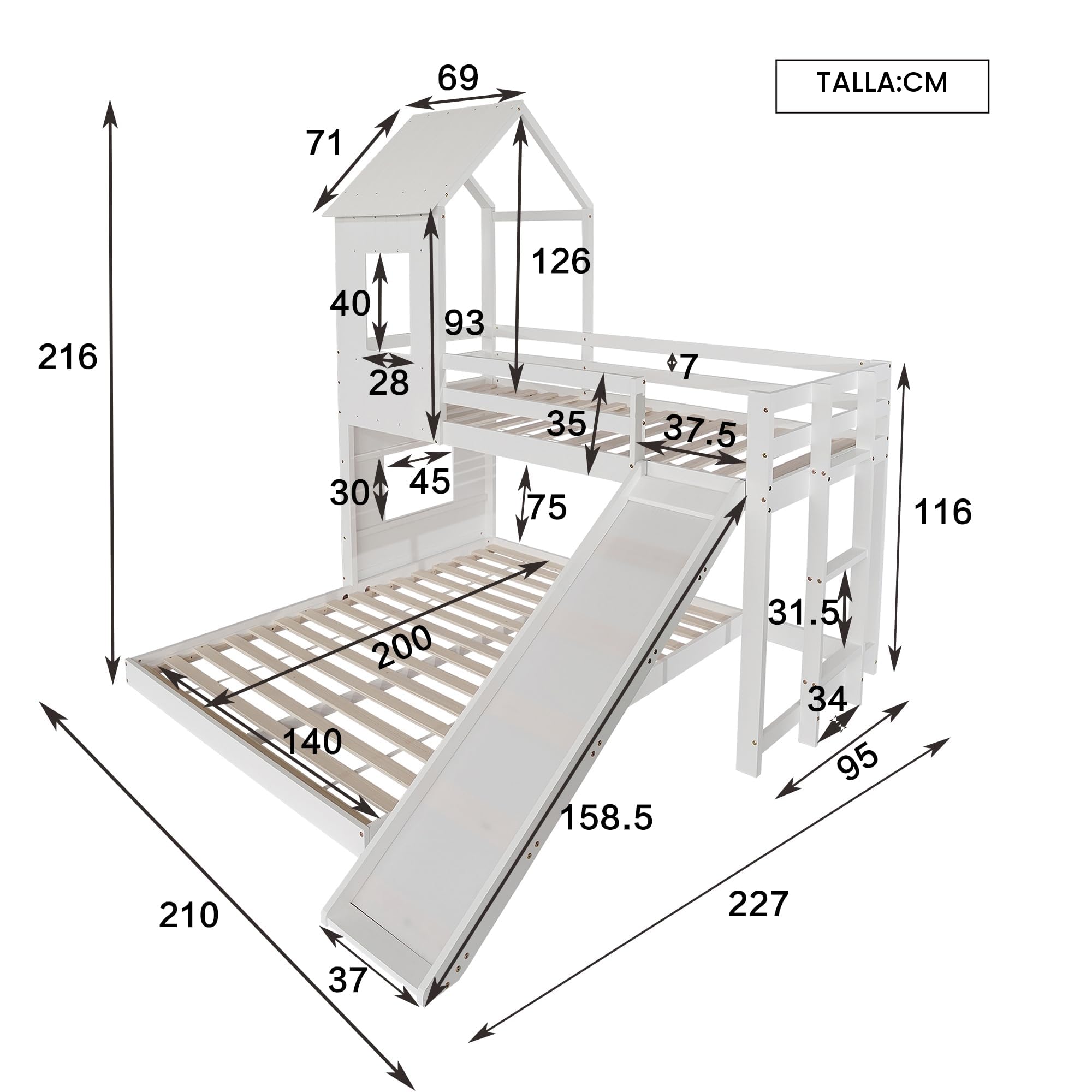 Moimhear Litera con tobogán, Cama-casa, Cama Infantil, con Puerta de Seguridad, con Ventana y Techo, con Escalera de Tres peldaños, Pino+MDF (Blanco, 90x200cm+140x200cm)