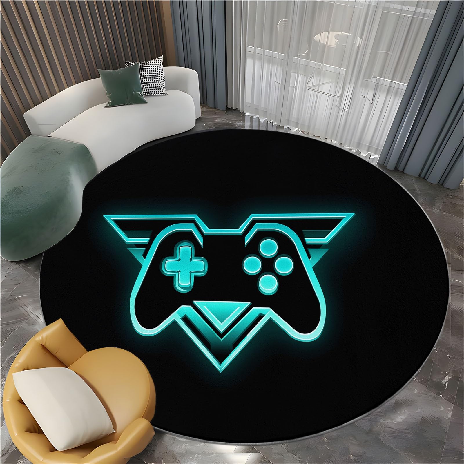 Generisch Teppich Game Controller Rund Ø 120 cm Weich und Flauschig Teppich, rutschfest Waschbar Schwarz Bedruckt Bodenteppich - Pflegeleicht für Wohnzimmer Schlafzimmer Terrasse