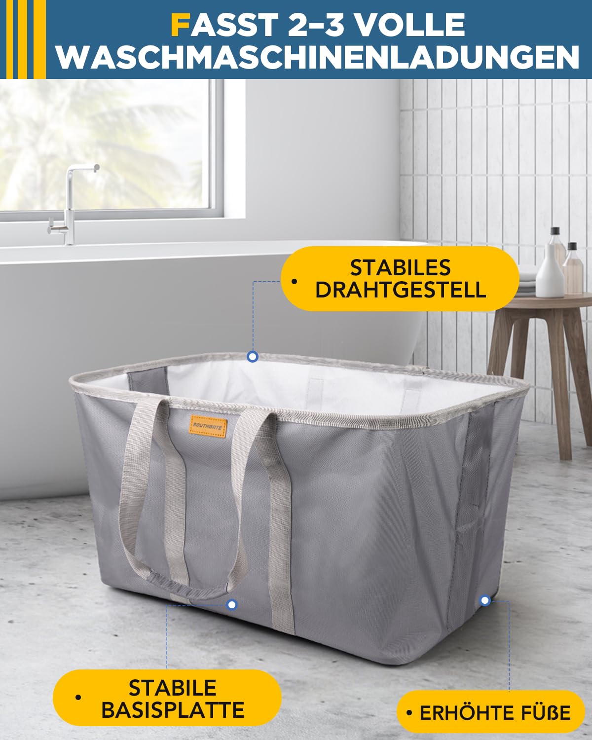 SOUTHGATE Faltbarer Wäschekorb 2er Set (Blau/Grau), je 68L, extra flach 2 cm, schnell zusammenklappbar, freistehend, 600D Oxford, abwischbares Innenfutter, Standfüße & Tragegriffe